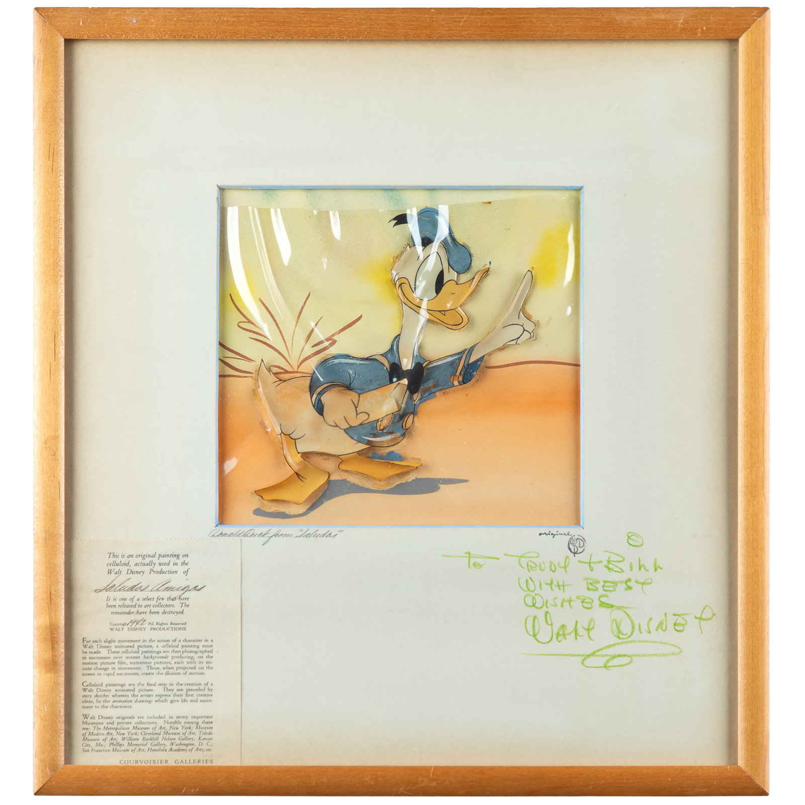 Disney Animation Cell: Disney Animation Cell From the animated and live action film Saludos Amigos" 1942. Signed and dedicated: by Walt Disney 7 x 7 1/2in. (18 x 20cm) Framed: 16 x 15in. (42 x 39cm) Provenance: Courvoisier
