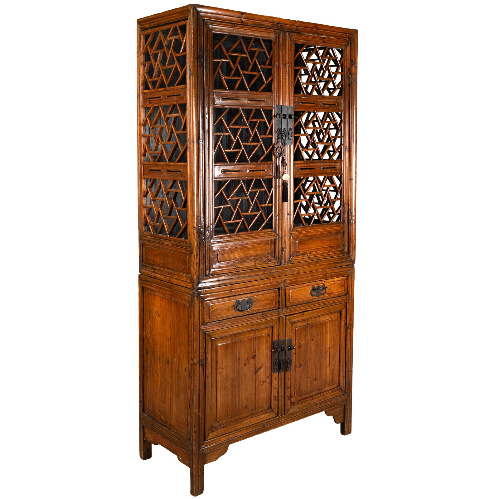 Chinese Export Cabinet: Chinese Export Cabinet In two parts, the uppercase with a shelved interior, the doors and sides of 'cracked ice' lattice panels, the lower case of two doors and drawers. 80in (200cm) h. 40in (102cm)
