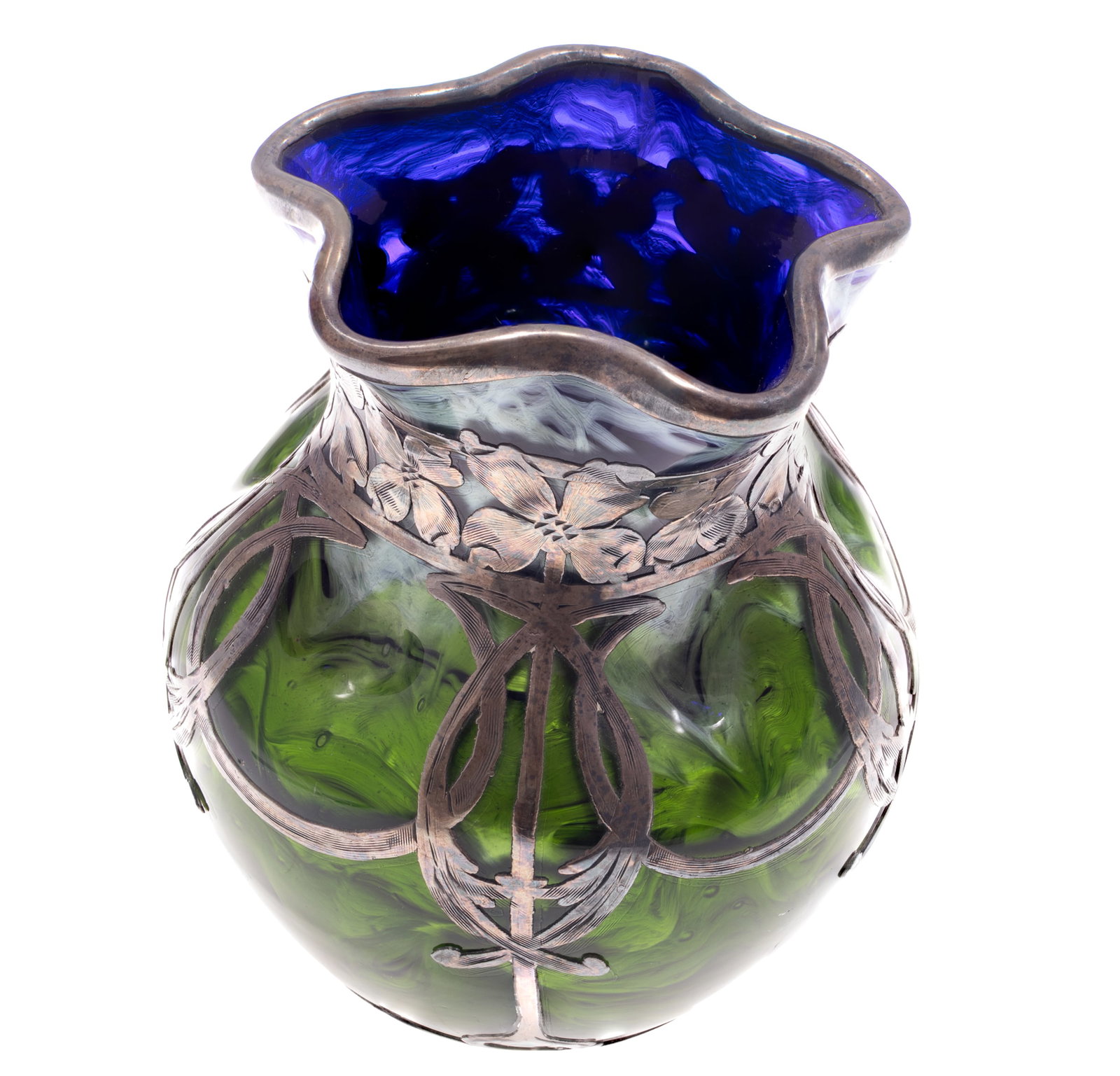 Art Nouveau Loetz Titania Vase: Art Nouveau Loetz Titania Vase Art Nouveau Loetz Titania glass vase features a vibrant green and deep blue iridescent body complemented by intricate floral sterling silver overlay. 4 1/2in (12cm) h.