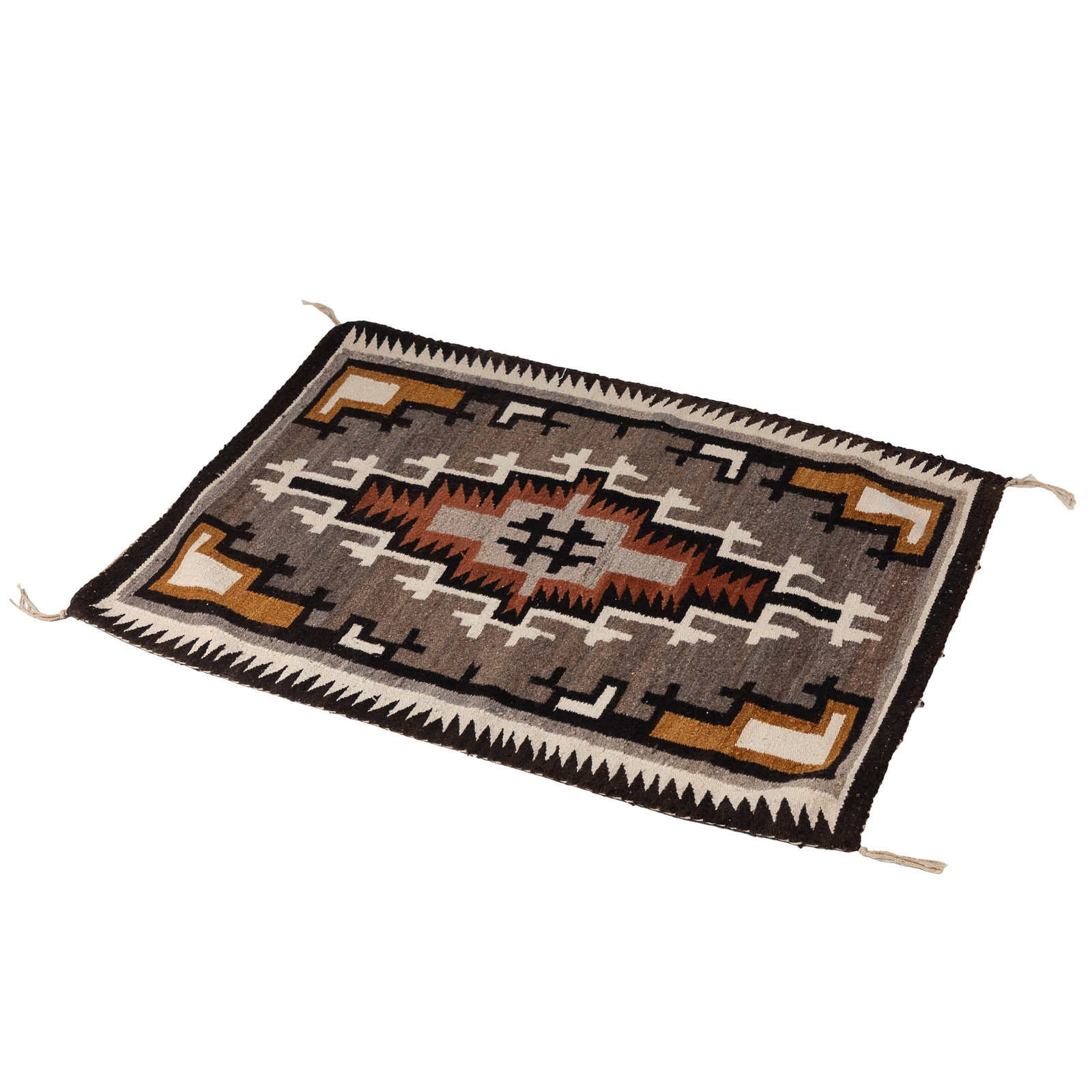 Navajo Two Grey Hills Rug: Navajo Two Grey Hills Rug Woven with a serrated central medallion of taupe, brown and cream colors. 48in. x 38in (122cm. x 97cm)