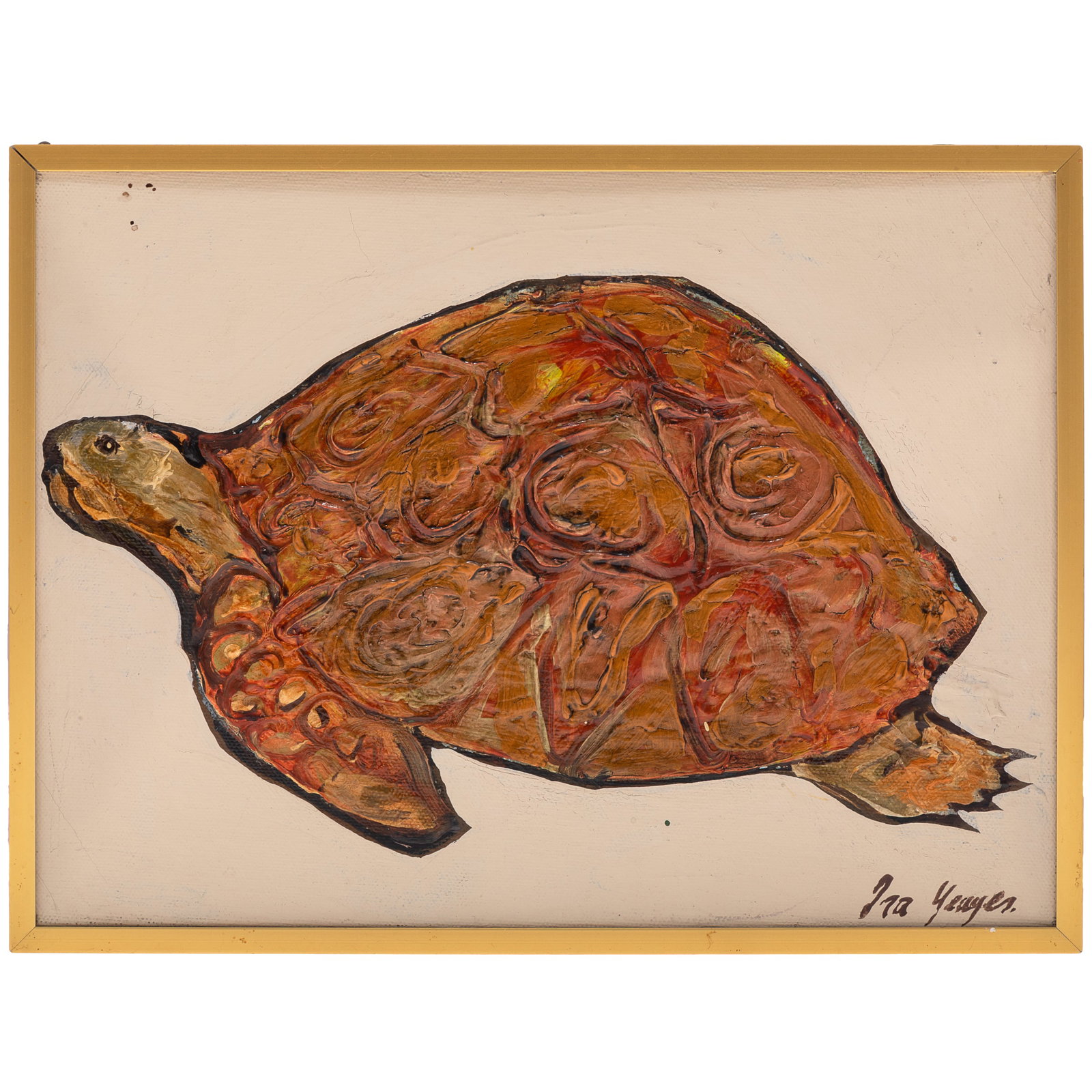 Ira Yeager (American, 1938-2022).: Ira Yeager (American, 1938-2022). Untitled (Crawling Turtle). Oil on canvas, signed 'Ira Yeager' (lower right), framed. 8 1/2 x 11 3/4in. 21 x 30cm). 9 3/8 x 12 1/4in. (23.5 x 31cm/frame). Condition: 