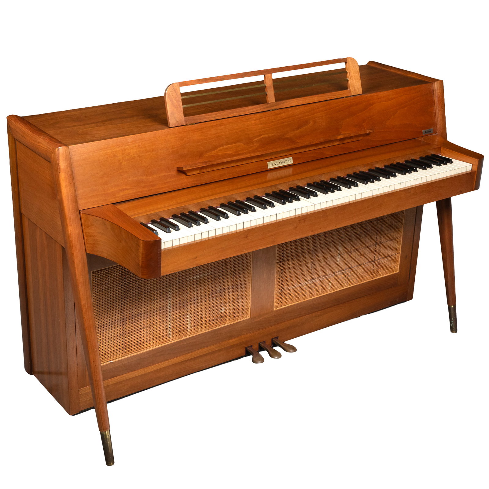 Mid Century Modern Baldwin Acrosonic Spinet Piano, Serial #876776: Mid Century Modern Baldwin Acrosonic Spinet Piano Serial #876776 The Scandinavian/Danish Modern Model 947, with a Keyboard supported on tapered diagonal legs above woven cane panels. 36in 92cm) h