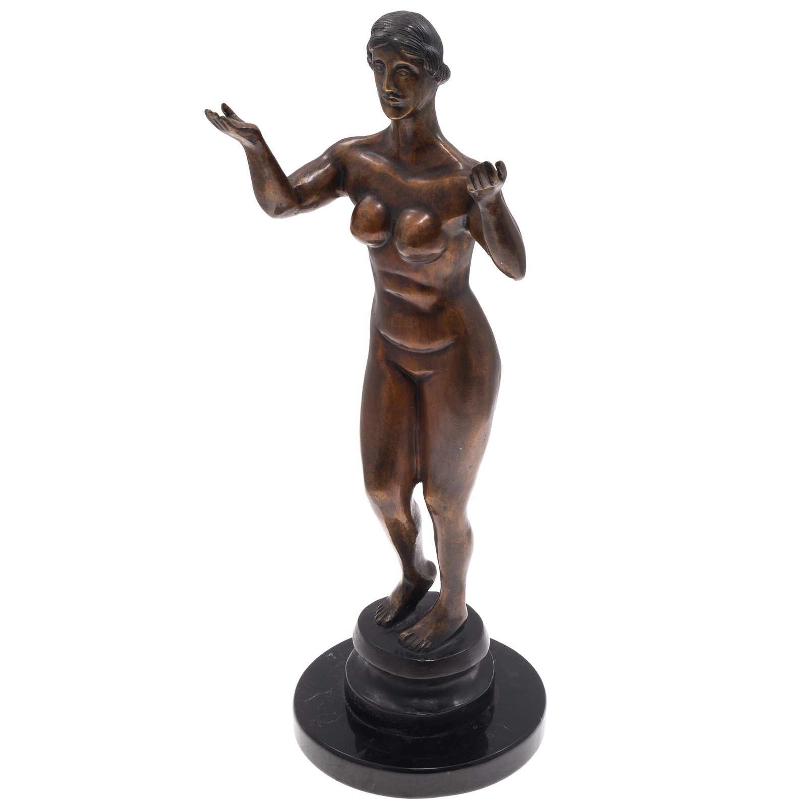 Elie Nadelman (Polish/American, 1892-1946).: Elie Nadelman (Polish/American, 1892-1946). Art Deco figure of a woman posed with hands raised in gesture of acceptance. 19in (48cm) Signed E. NADELMAN 2/10
