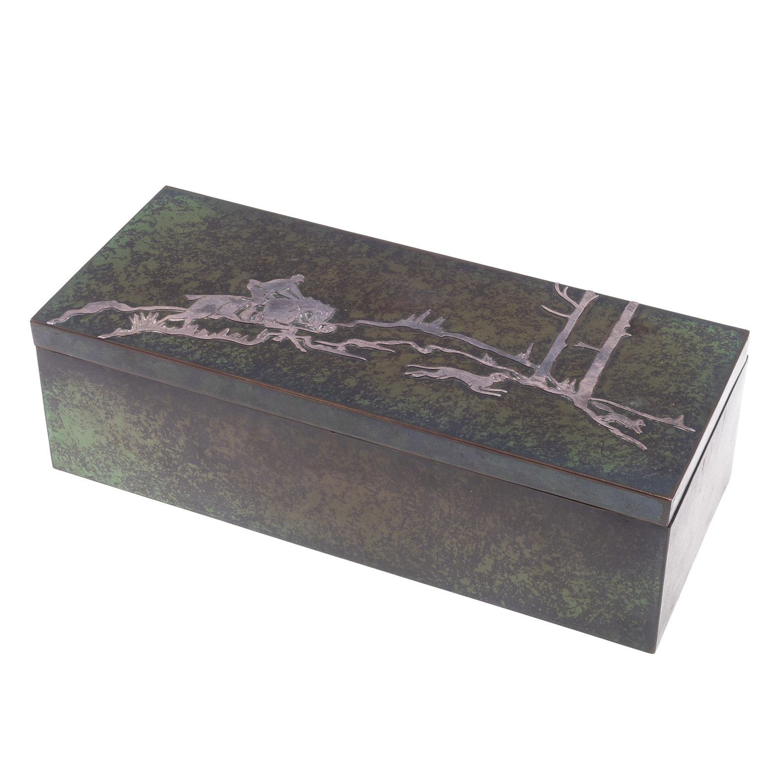 Heitz Art Metal Shop Humidor: Heitz Art Metal Shop Humidor The bronze box with a silver mount image of a mounted rider and hound pursuing a fox. Opening to a moisture absorbing insert. Logo stamped on base. 2 1/2in (6cm) h. 8