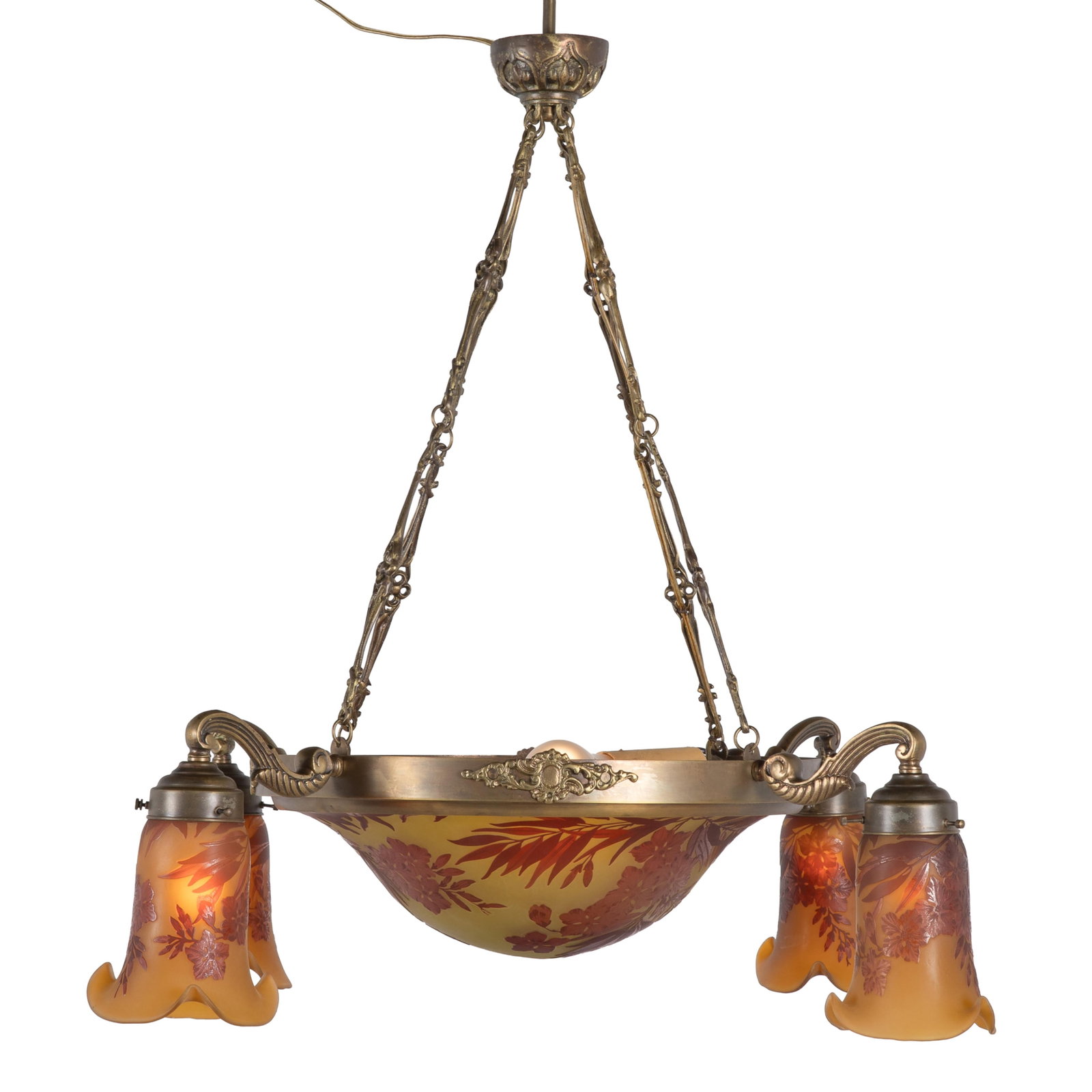 Galle Art Nouveau Chandelier: Galle Art Nouveau Chandelier The fleur de lys cast chain suspending a bowl form of cameo glass decorated in intricate detail with dogwood like blossoms and reedy leaves, suspending four tulip form