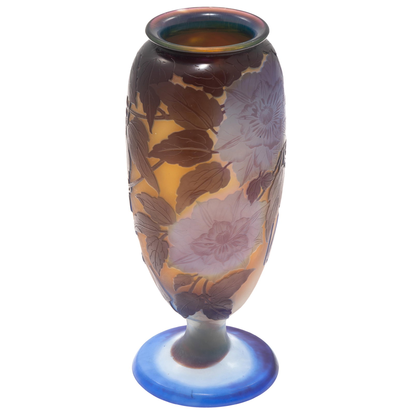 Galle Clematis Vase: Galle Clematis Vase Decorated with scrolling leafy vines and and a clematis bloom. Signed. 8 1/2in (22cm) h.