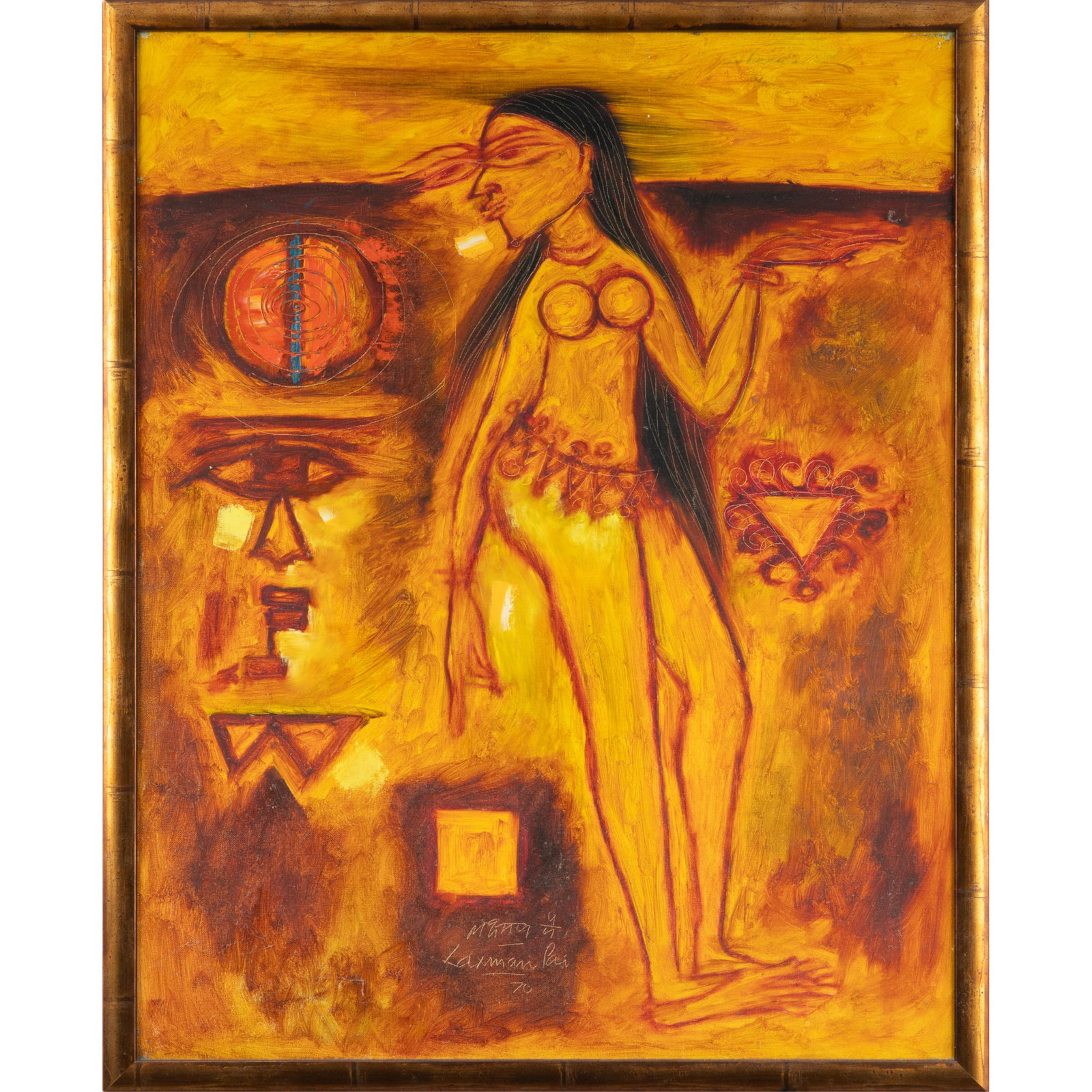 Laxman Pai (Indian, 1926-2021).: Laxman Pai (Indian, 1926-2021). Yellow and Red, 1970. Oil on linen canvas, signed in Devanagari, and signed and dated 'Laxman Pai '70' in English (lower center); also signed, titled and dated on