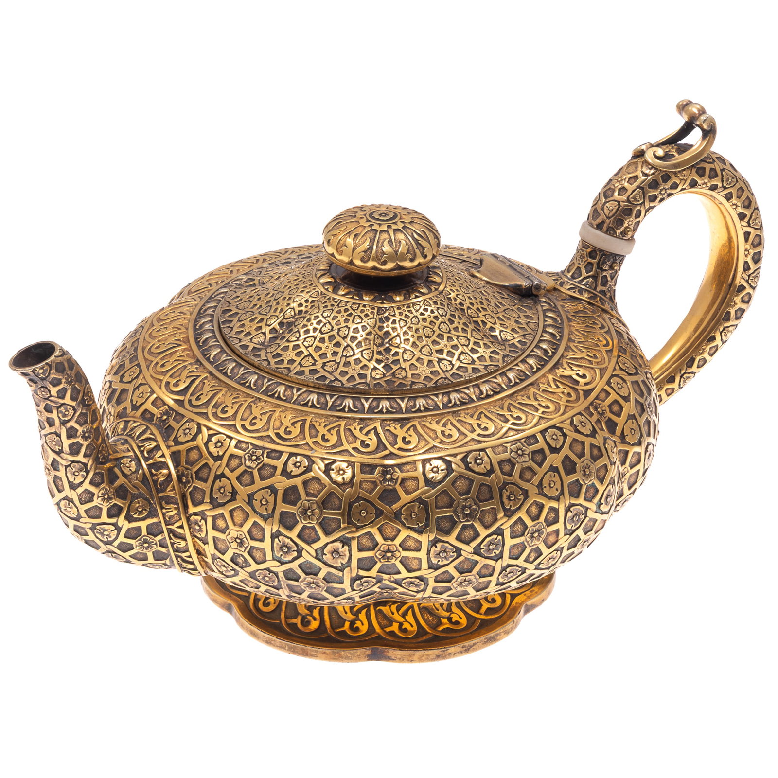 William IV Silver Gilt Tea Pot, Mark of Paul Storr: William IV Silver Gilt Tea Pot Mark of Paul Storr The lobed melon form pot with a floriform base and finial, overall chased with lattice and flowerhead design with an arabesque band at the top rim