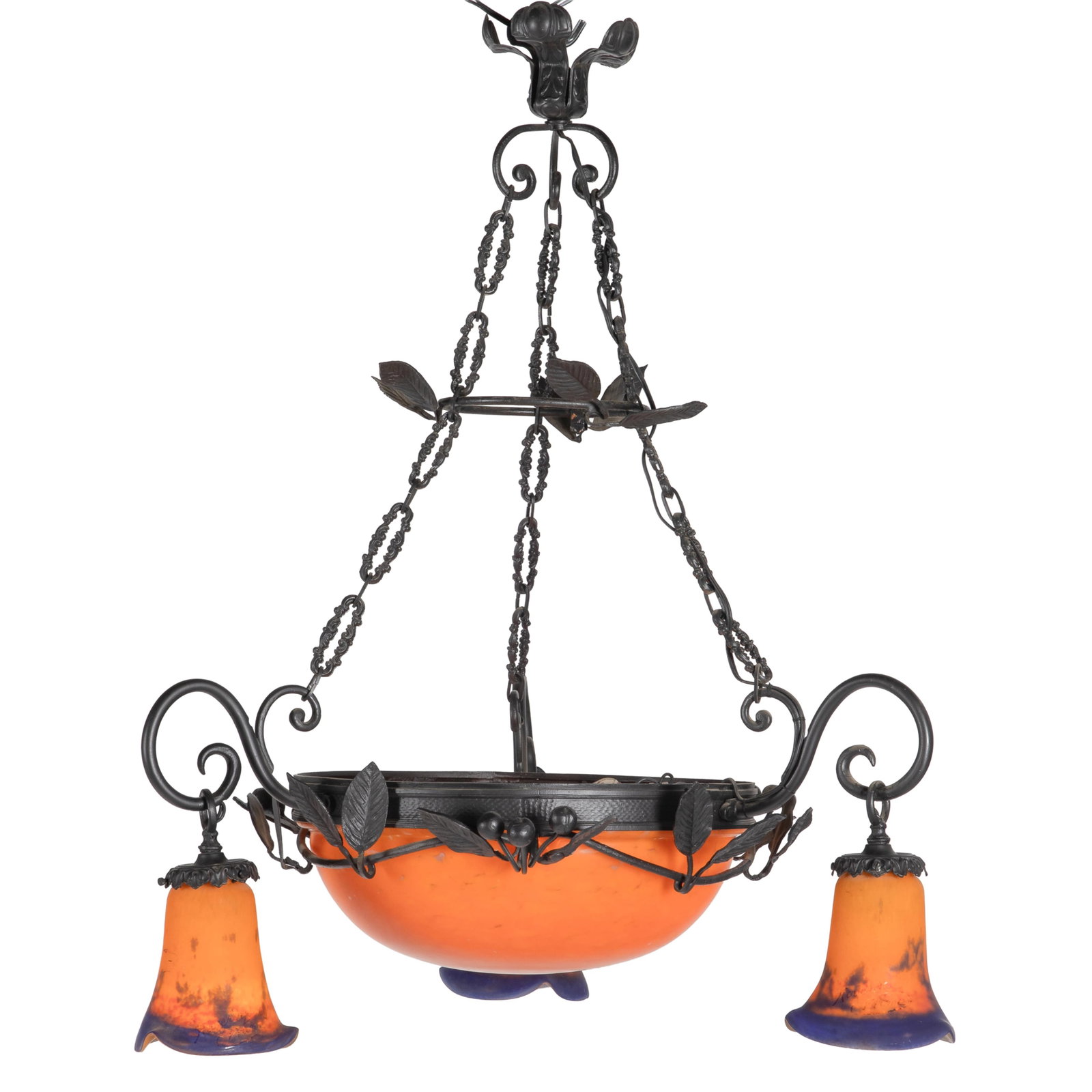 Art Nouveau Chandelier: Art Nouveau Chandelier The orange floral meander bowl bronze banded with fruited vines suspending three tulip form lights, one inscribed Noverdy. France. 28in (71cm) h. 24in (61cm) d.