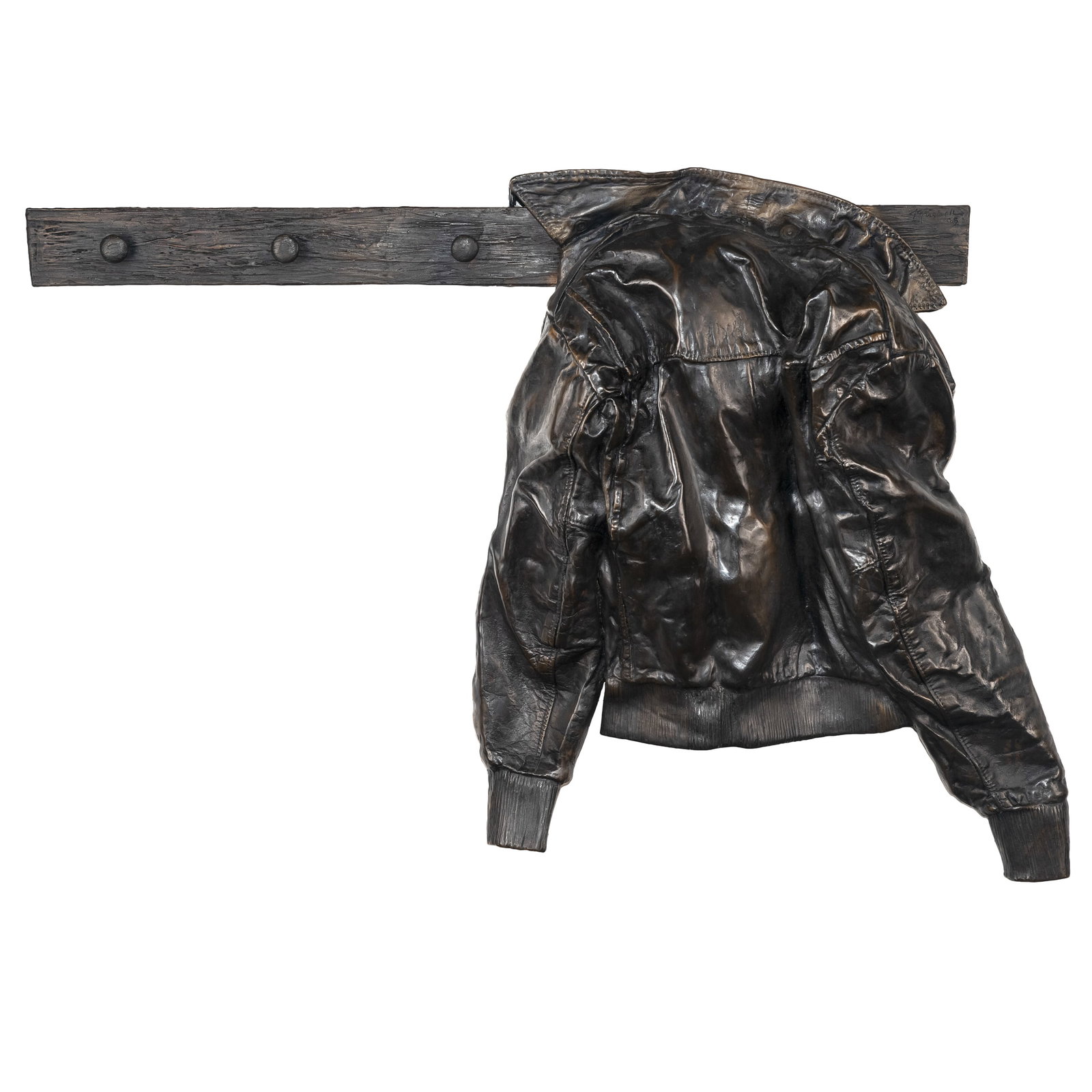Mischell Riley (American, 21st Century).: Mischell Riley (American, 21st Century). Leather Jacket, 2005. Bronze sculpture in the form of a leather jacket casually draped on a coat rack, signed and dated 'Mischell '05' at upper right of rack.