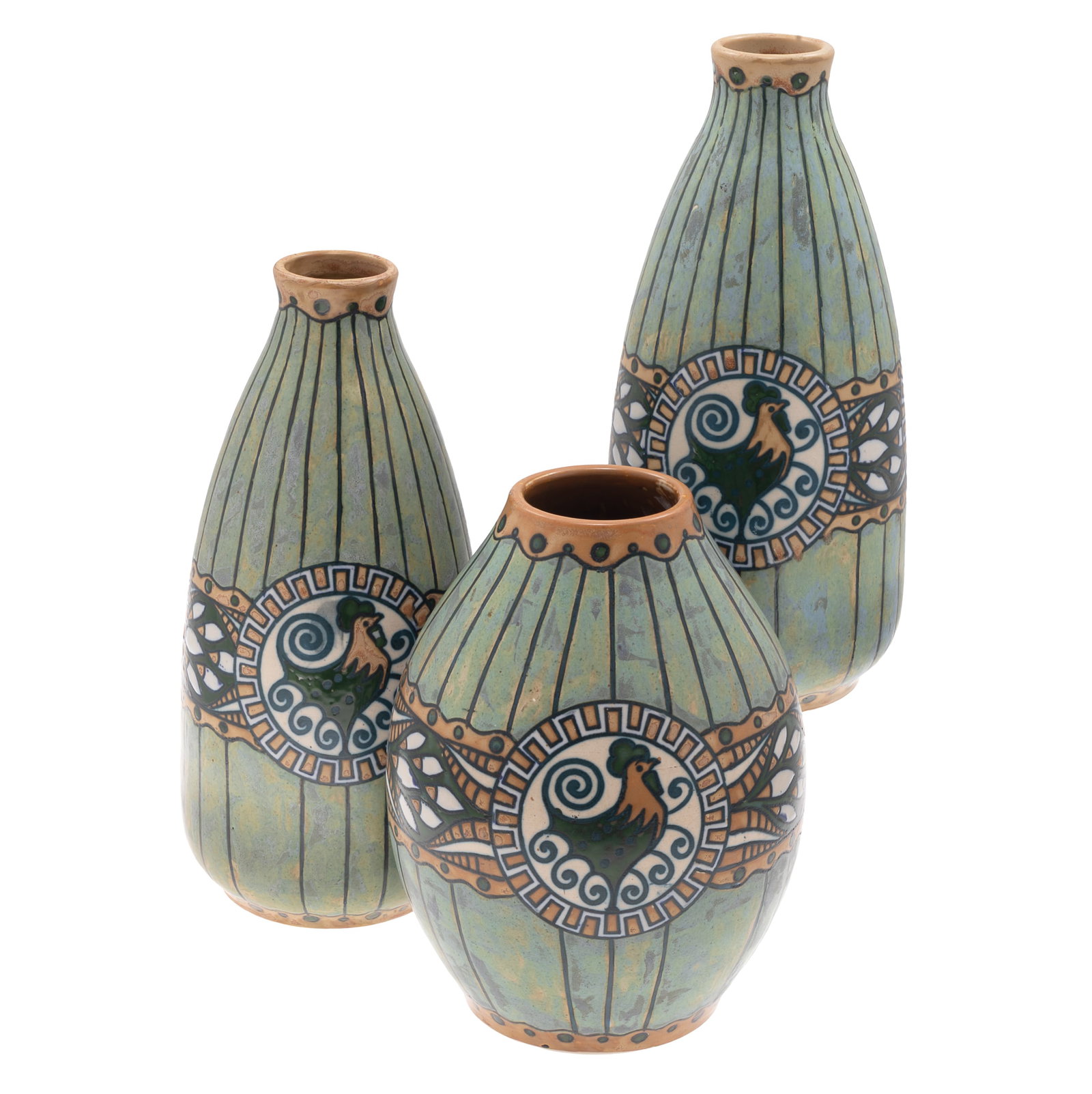Gres Keramis Art Deco Vases: Gres Keramis Art Deco Vases A garniture of three stoneware vases with central geometric band and cockerel medallions. designed by Chales Catteau Gris Keramis mark and Model D635 to underside. One;9