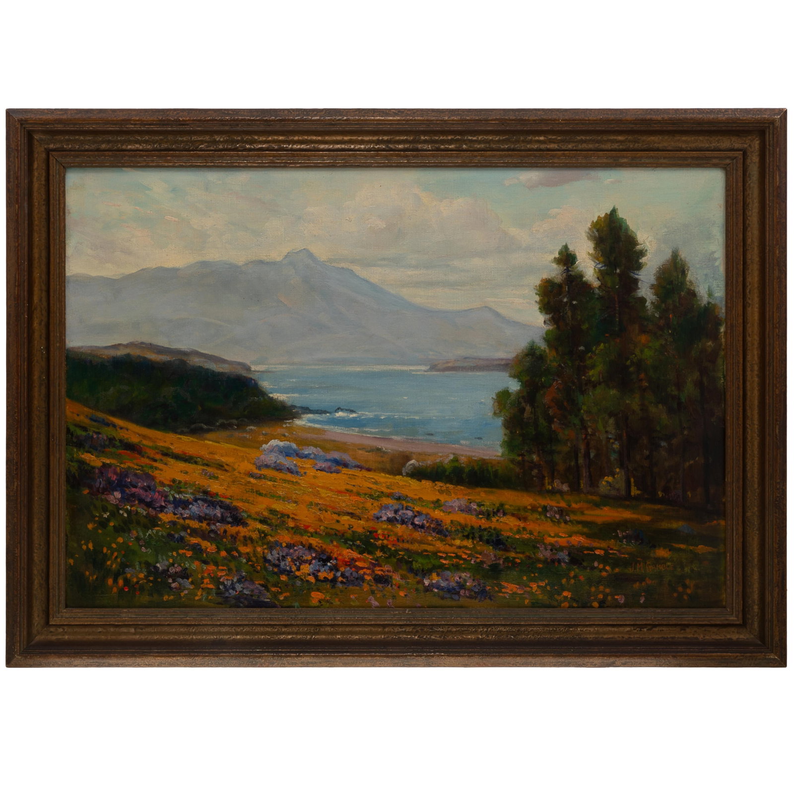 John Marshall Gamble (American, 1863-1957).: John Marshall Gamble (American, 1863-1957). Mount Tamalpais from Sausalito. Oil on canvas, signed 'J.M. Gamble' (lower right), framed. 16 1/2 x 24in. (43 x 61cm) Framed: 20 x 28in. (52 x 72cm)