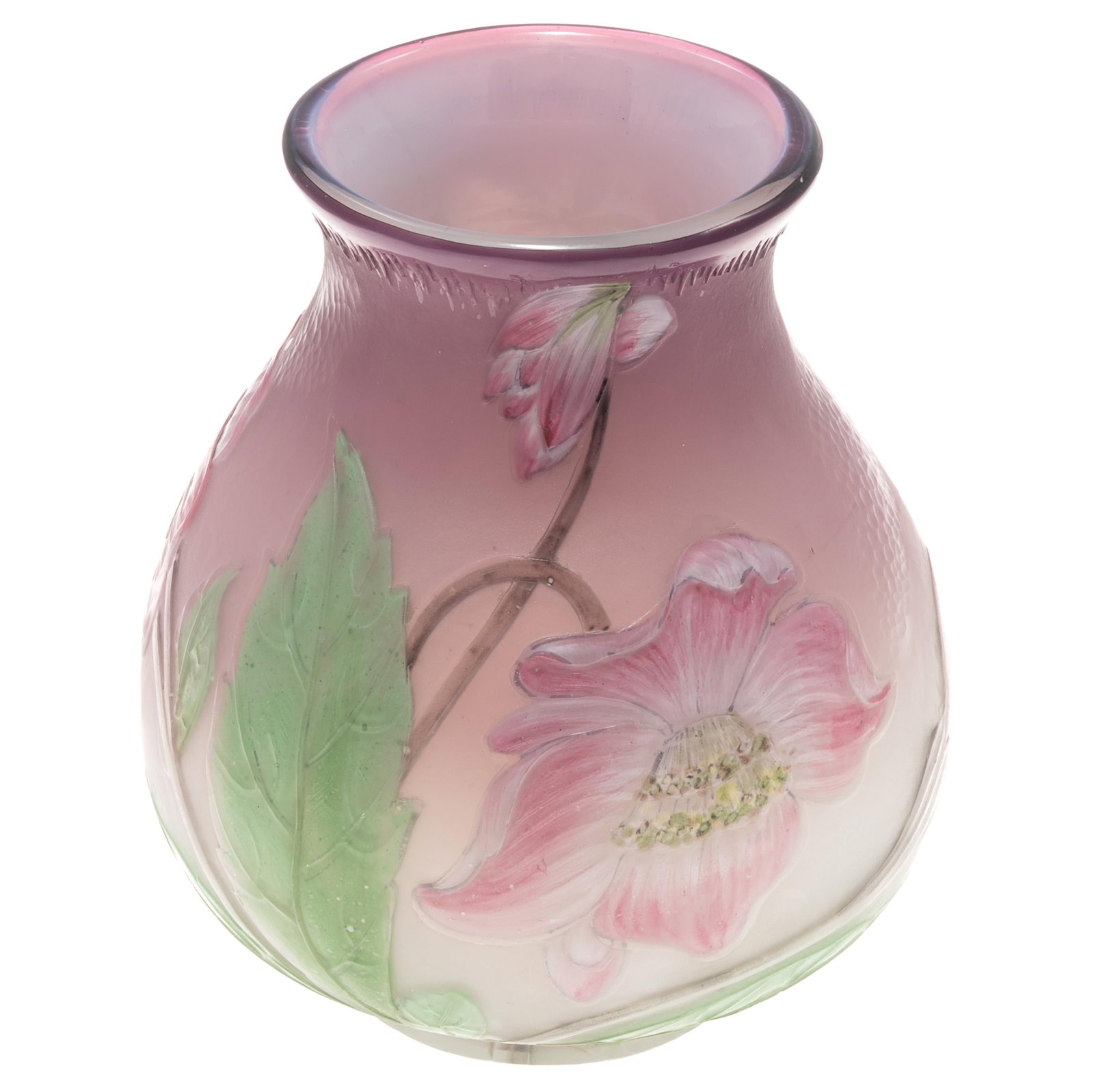 French Art Glass Vase, Burgun & Schverer: French Art Glass Vase Burgun & Schverer With a pink bloom on leafy tendrils trailing under the base. 8in (20cm) h. Condition: Faint signature incised on base