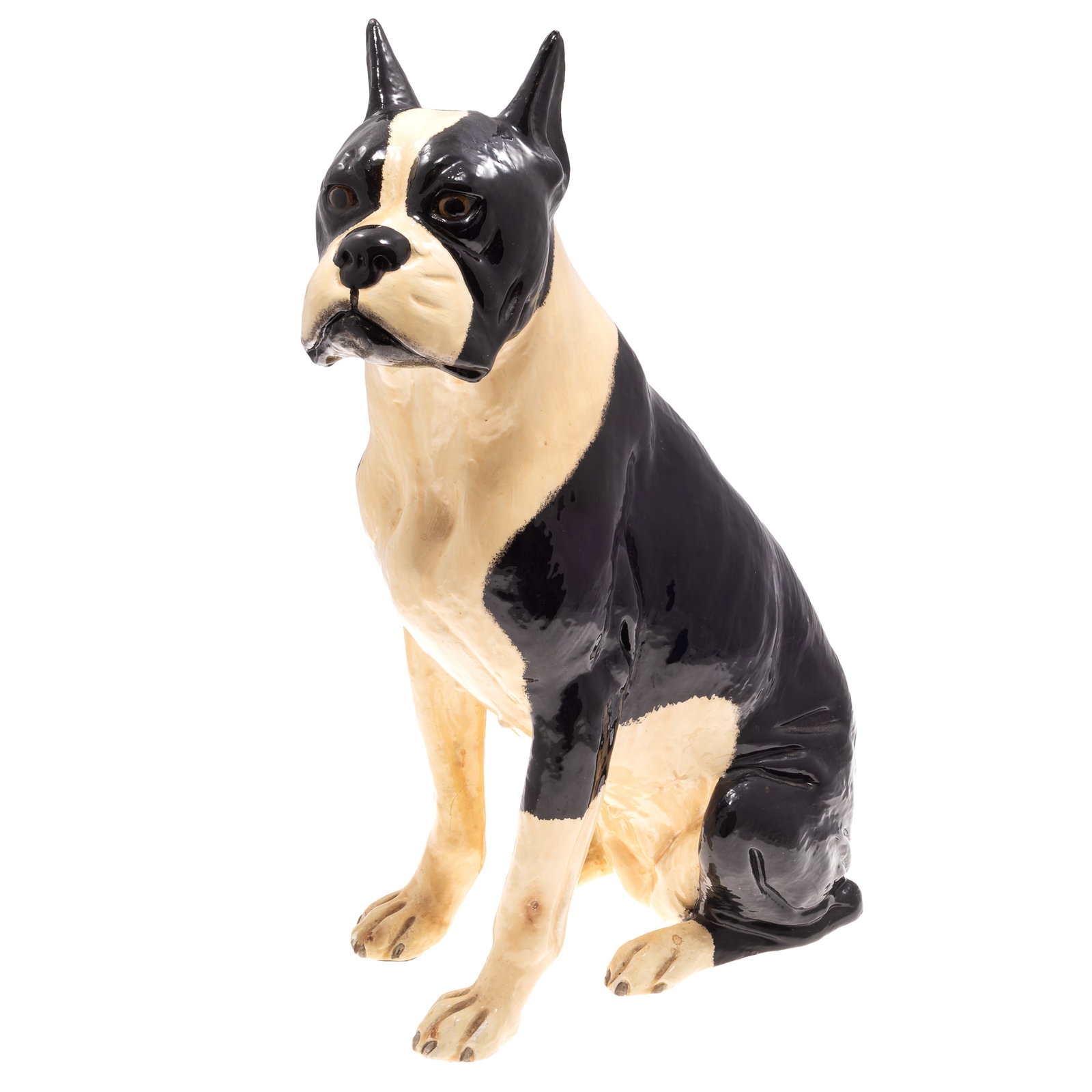 Porcelain Boxer Figure: Porcelain Boxer Figure The figure depicted sitting with alert expression on a slightly cocked head. 20in (51cm) h. Condition: Minor chips to paws.