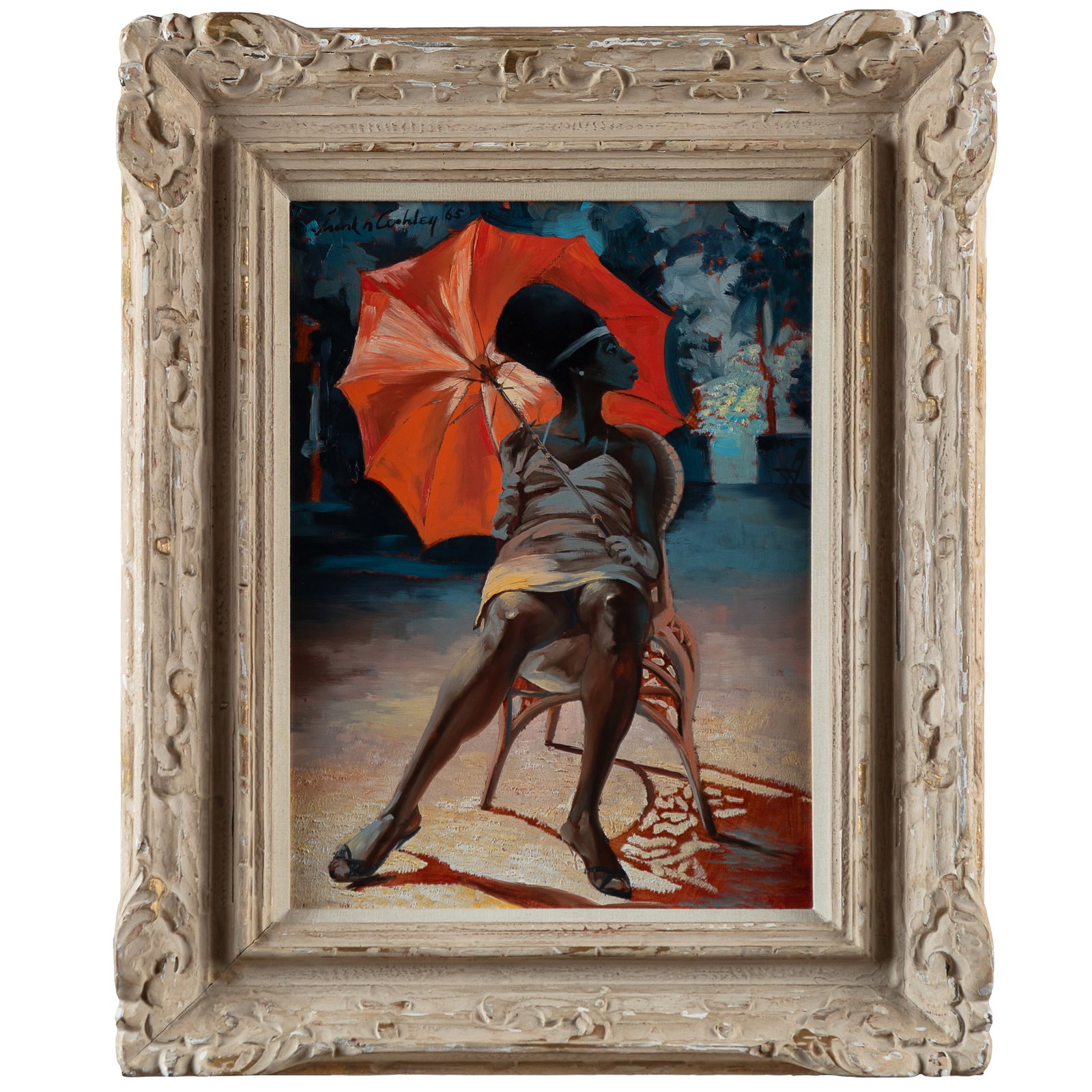 Frank Nelson Ashley (American, 1920-2007): Frank Nelson Ashley (American, 1920-2007) Yellow Parasol in Park, 1965. Oil on board, signed and dated 'Frank N. Ashley '65' (upper right), framed. 15 x 12in. (39 x 31cm) Framed: 23 x 19in. (59 x