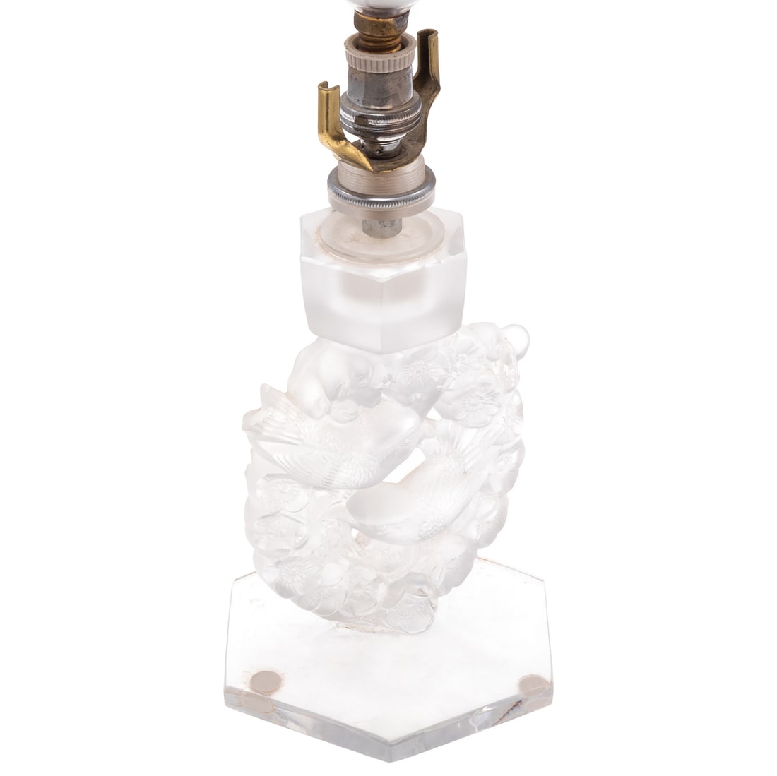 Lalique Birds in Bower Table Lamp: Lalique Birds in Bower Table Lamp Of clear and frosted glass with a pair of song birds in a floral bower. 7 1/2in (19cm) h. to fitting Lalique France on base