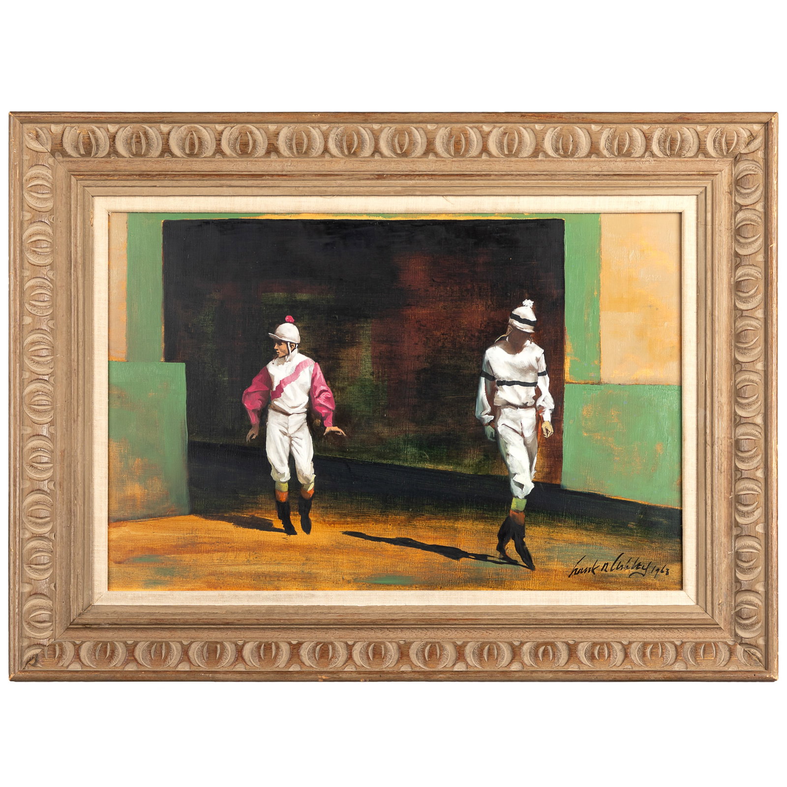Frank Nelson Ashley (American, 1920-2007).: Frank Nelson Ashley (American, 1920-2007). Polo Players, 1963. Oil on board, signed and dated 'Frank N. Ashley 1963' (lower right), framed. 13 1/2 x 20in. (34 x 51cm) Framed: 20in x 27in. (51 x 70cm)