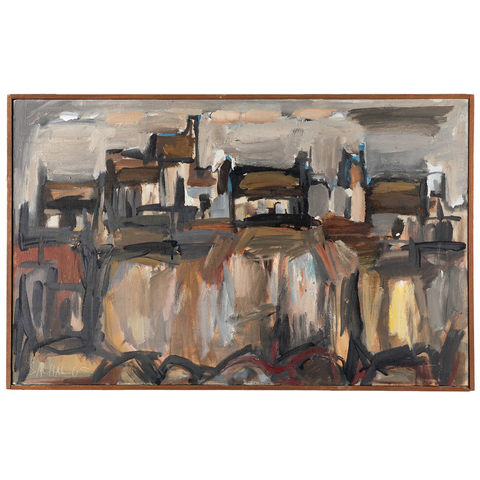 Alexander Povlovic Lioutikoff (Sachal) (Russian/American, 1924 – 2020).: Alexander Povlovic Lioutikoff (Sachal) (Russian/American, 1924 – 2020). Buildings Reflected in Water, 1965. Oil on canvas, signed and dated 'Sachal '65' (lower left). 20 x 32in. (51 x 81cm)