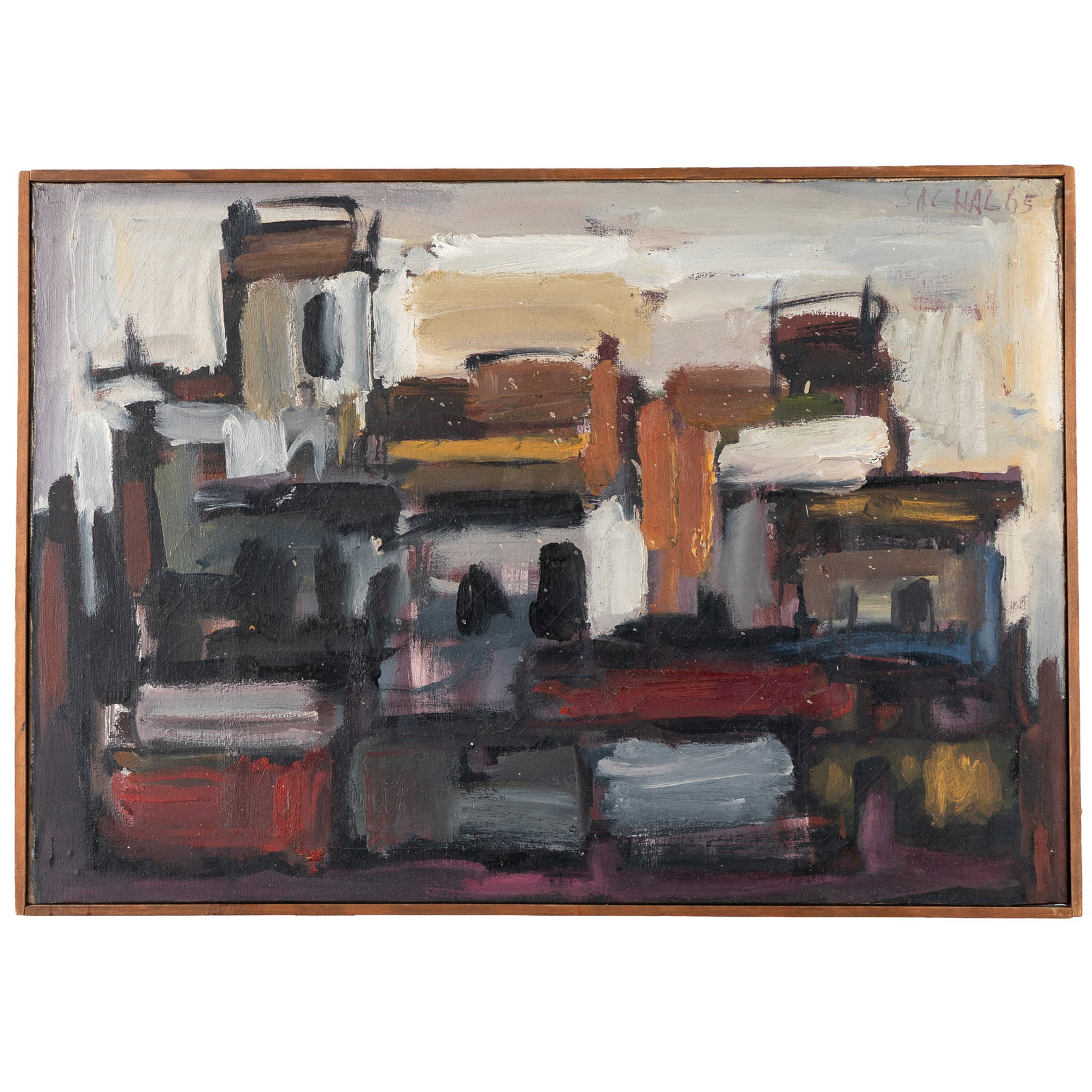 Alexander Povlovic Lioutikoff (Sachal) (Russian/American, 1924 – 2020): Alexander Povlovic Lioutikoff (Sachal) (Russian/American, 1924 – 2020) Abstract Cityscape, 1965. Oil on canvas, signed and dated 'Sachal '65' (upper right). 21 x 30in. (53 x 76cm)