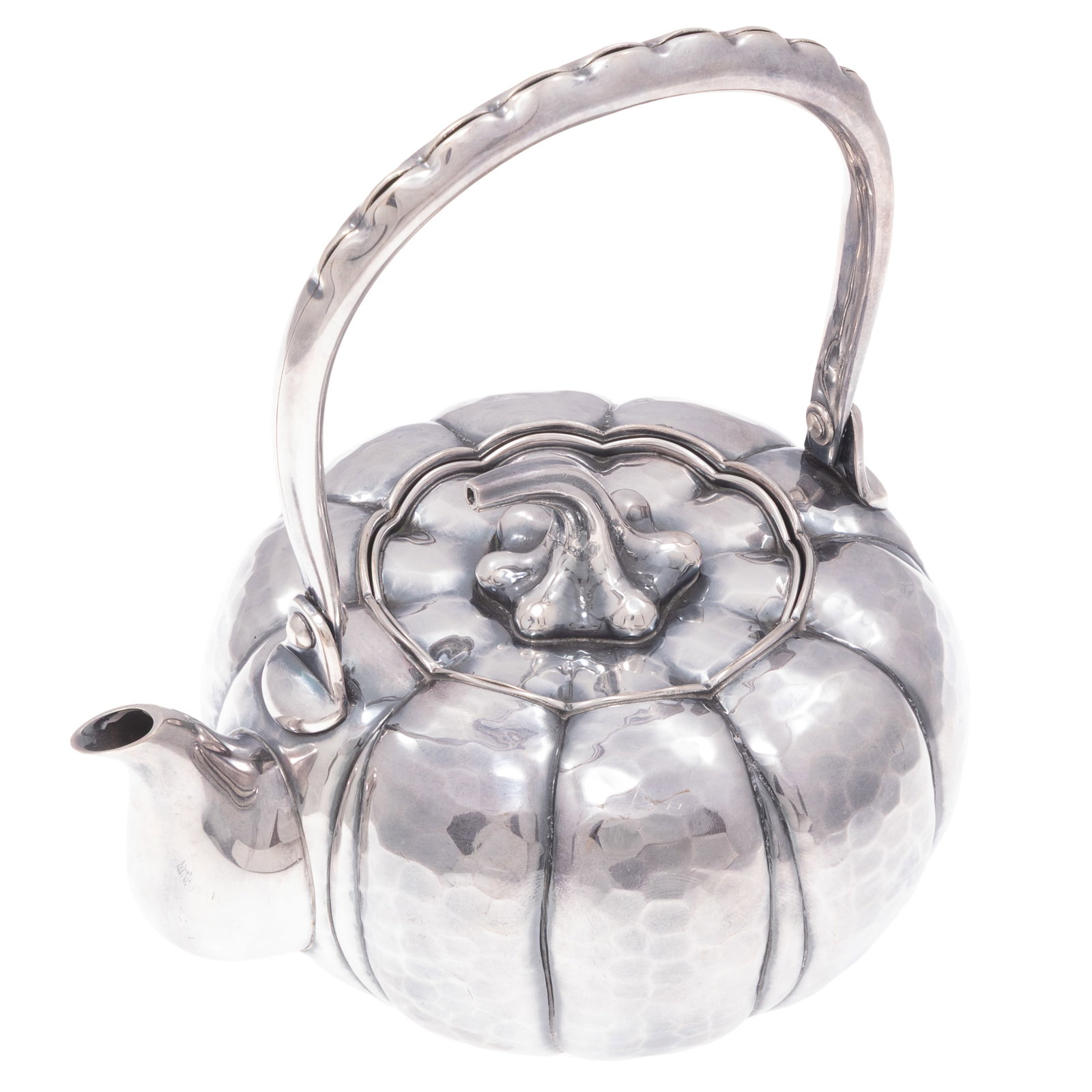 Meiji Sterling Tea Pot: Meiji Sterling Tea Pot In the form of a lobed pumpkin with curved stem handle 6 1/2iin (16cm) h. to top of handle 5 1/2in (14cm) l. 437.7grams