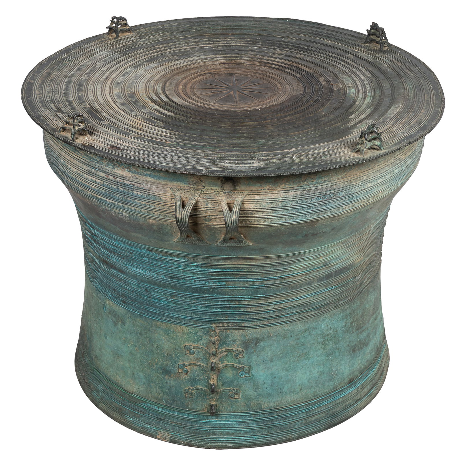 Burmese Bronze Frog Rain Drum: Burmese Bronze Frog Rain Drum Late 19th to early 20th Century A large Burmese Karen cast-bronze frog drum, the circular tympanum centered by a multi-point by a multi-pointed solar motif and