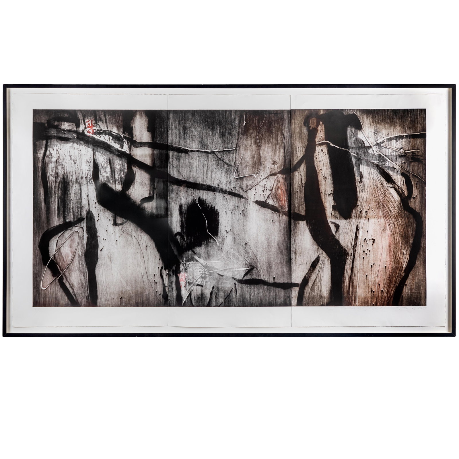 Jeong Han Yun (South Korean, Contemporary): Jeong Han Yun (South Korean, Contemporary) Untitled (Abstract Composition), 2008. Etching and mixed media on three panels of Hanji Paper, signed and dated, numbered 1/1, the full sheet, framed. 39