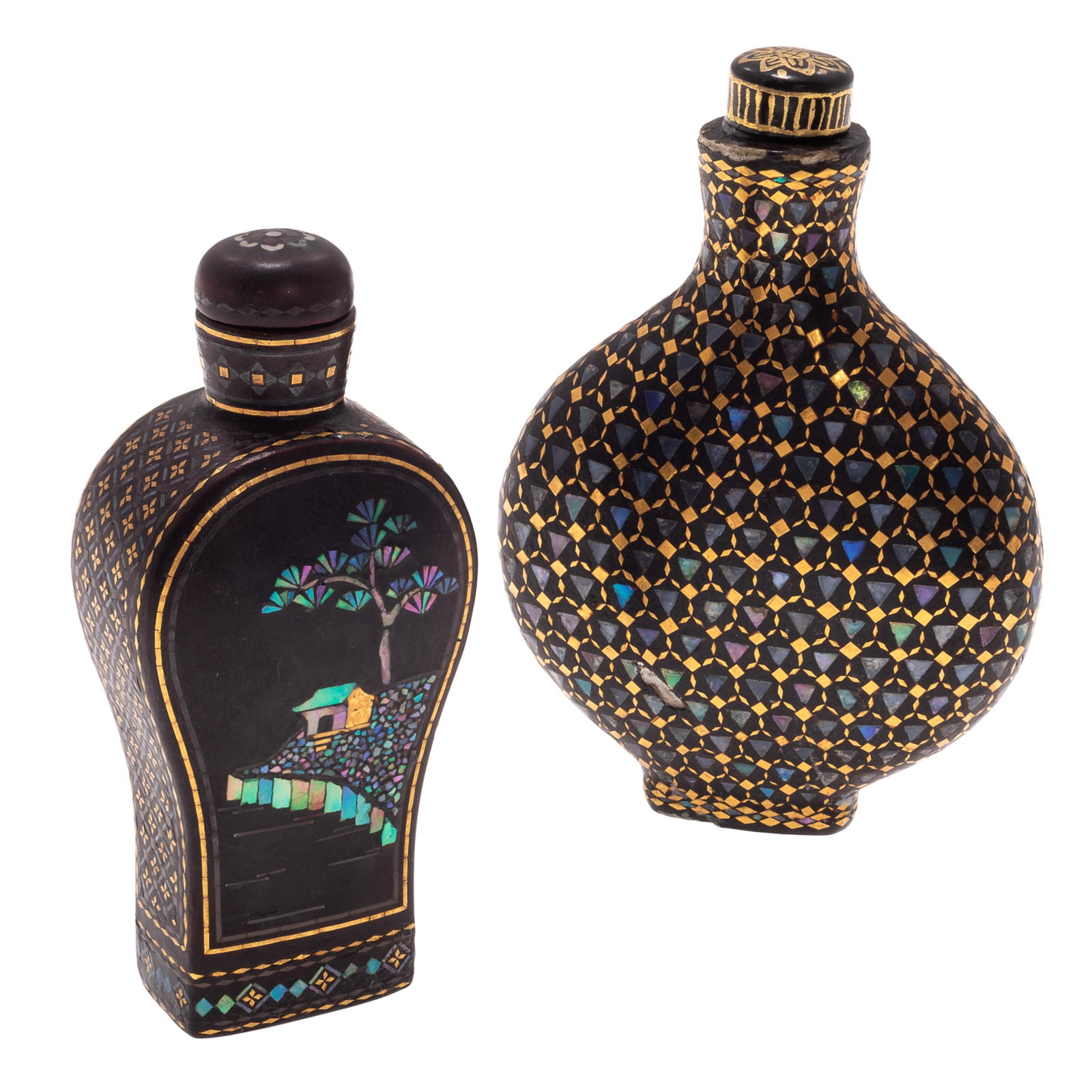 Gilt and Mother of Pearl Inlay Snuff Bottles: Gilt and Mother of Pearl Inlay Snuff Bottles The one of baluster form gilt and mother of pearl inlay depicting a lakeside pavilion. The second of moon flask form with geometric inlay. 2 1/4in and 3in