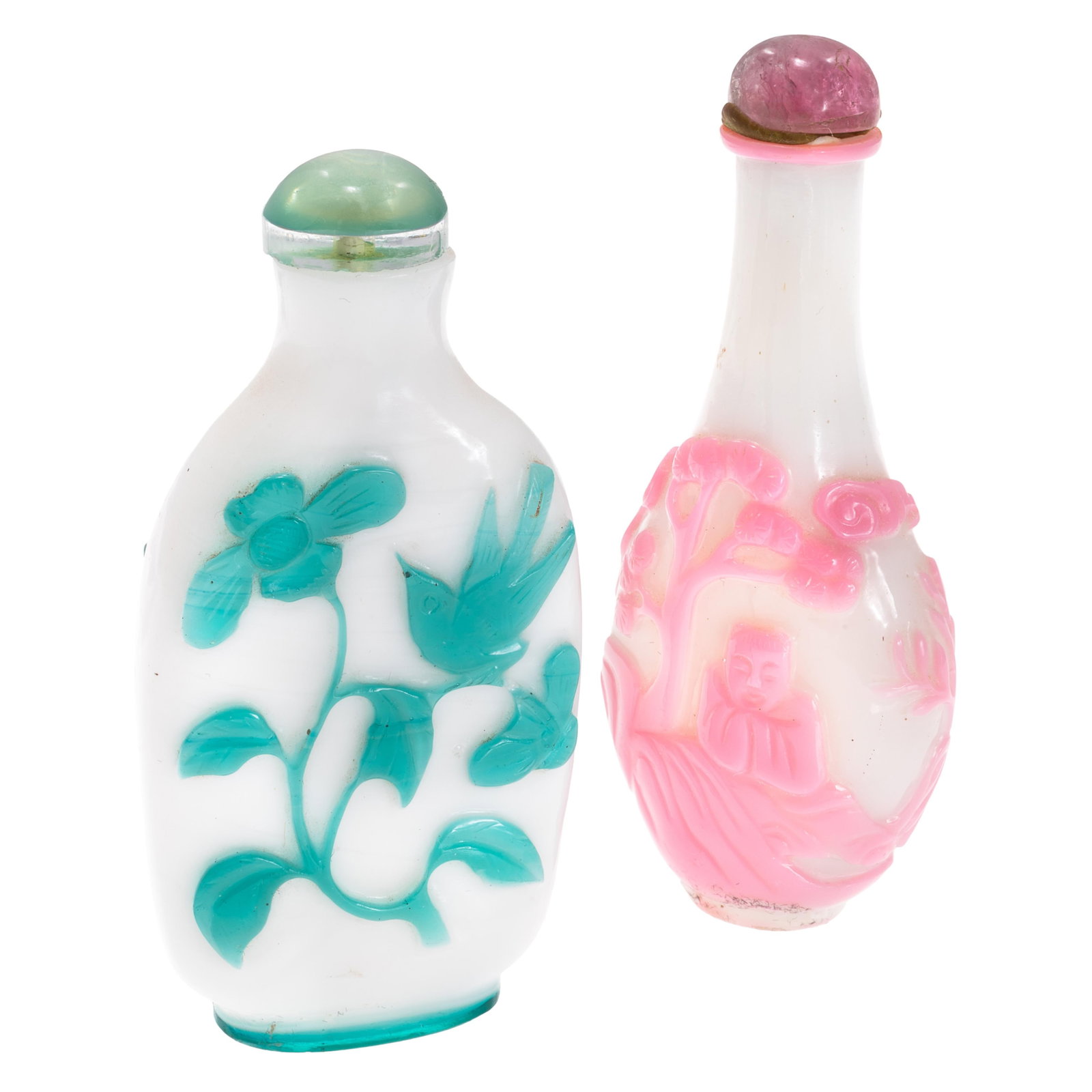Two Chinese Peking Glass Overlay Snuff Bottles: Two Chinese Peking Glass Overlay Snuff Bottles Late Qing Dynasty to early 20th Century Comprising: First is a green overlay on milk-white glass snuff bottle, of flattened rectangular form, carved