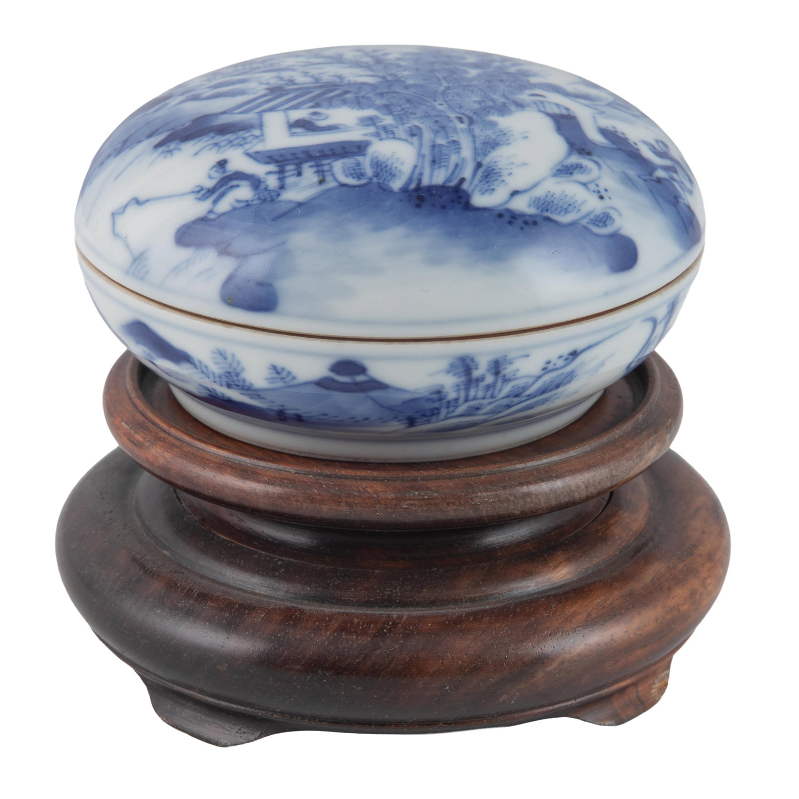 Blue and White Porcelain ‘Scholar in Landscape’ Seal Paste Box and Cover.: Blue and White Porcelain ‘Scholar in Landscape’ Seal Paste Box and Cover. Chenghua mark, Late Qing Dynasty/early 20th Century. The circular box and domed cover finely painted in underglaze cobalt