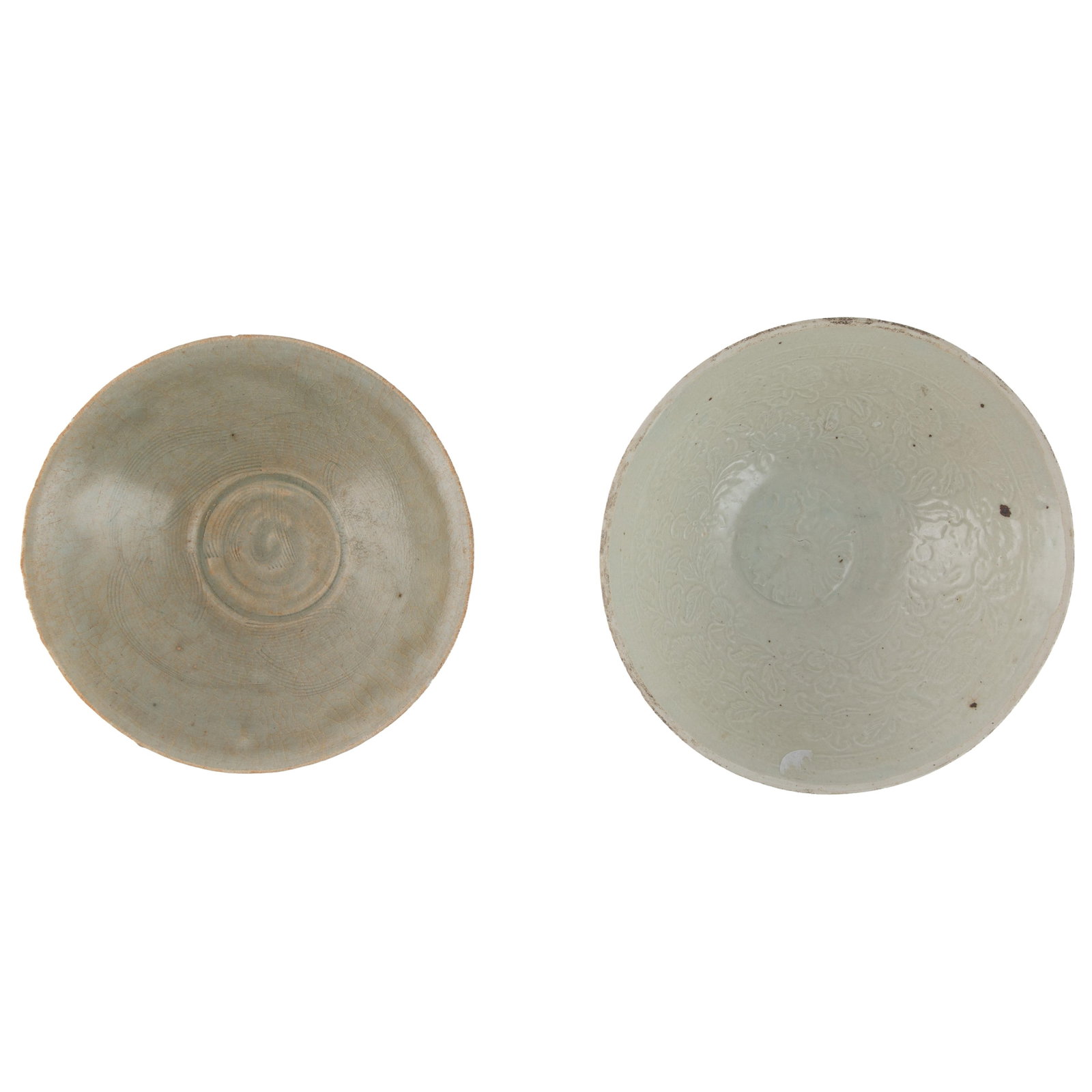 Two Chinese Celadon Bowls: Two Chinese Celadon Bowls Northern Song and Jin Dynasty. Comprising: First a Qingbai carved floral bowl, possibly Northern Song Dynasty (11 th12th Century), of rounded form and flared rim, covered