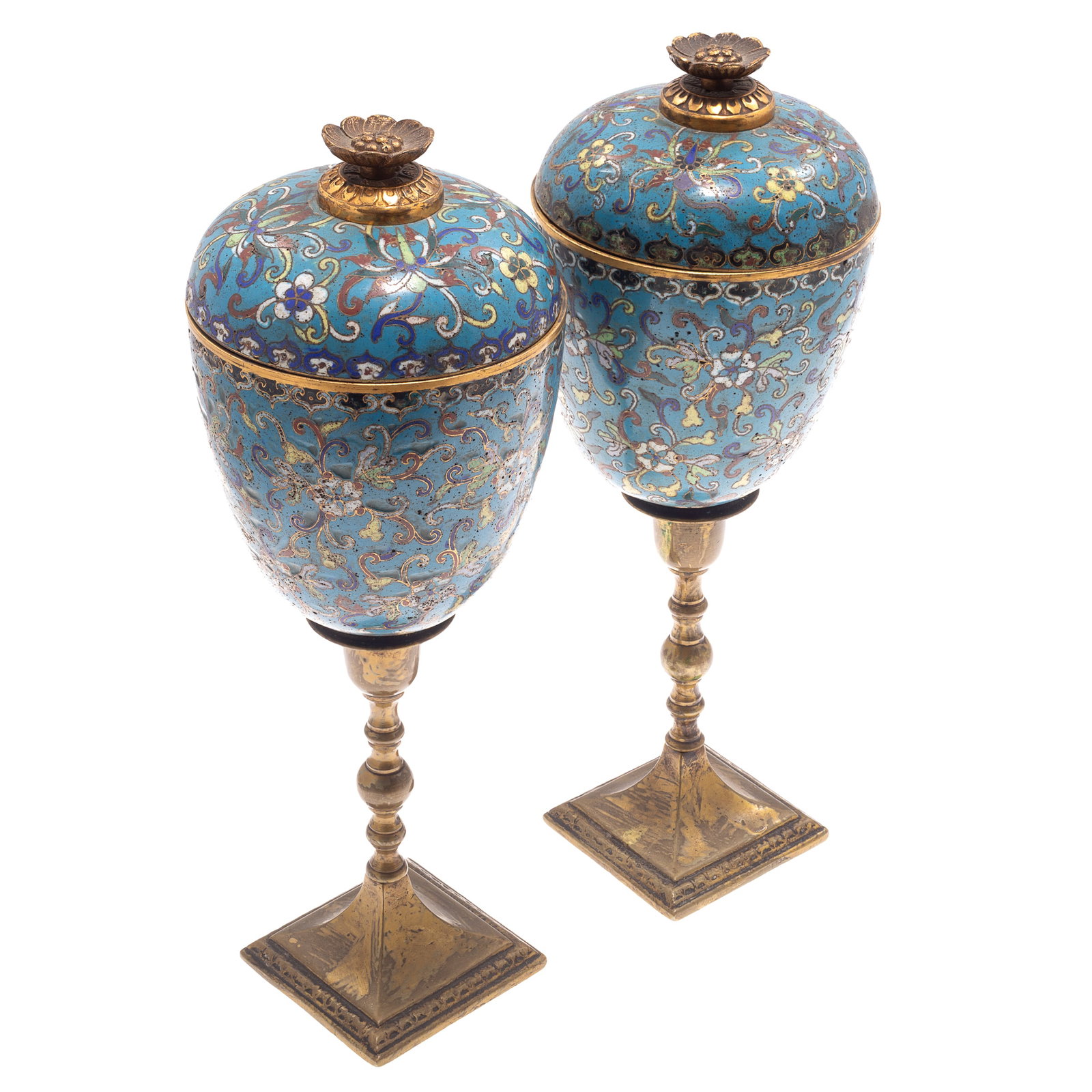 Pair of Chinese Cloisonne Enamel and Gilt Metal Mounted Covered Urns. (1 of 4)
