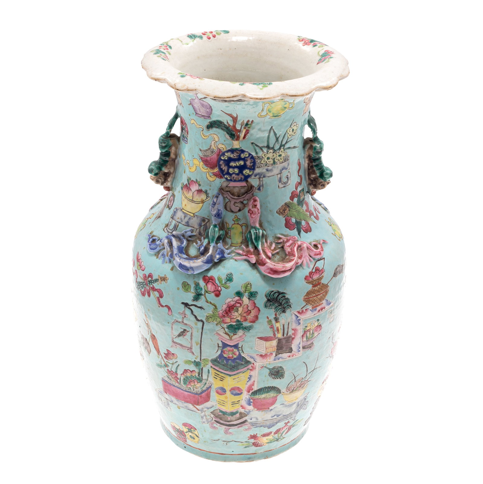Chinese Famille Rose Porcelain Vase: Chinese Famille Rose Porcelain Vase Featuring a vibrant turquoise ground and elaborate hand-painted auspicious objects and floral motifs. Height: 13 3/4 in. (35.5 cm). Condition: overall in fair