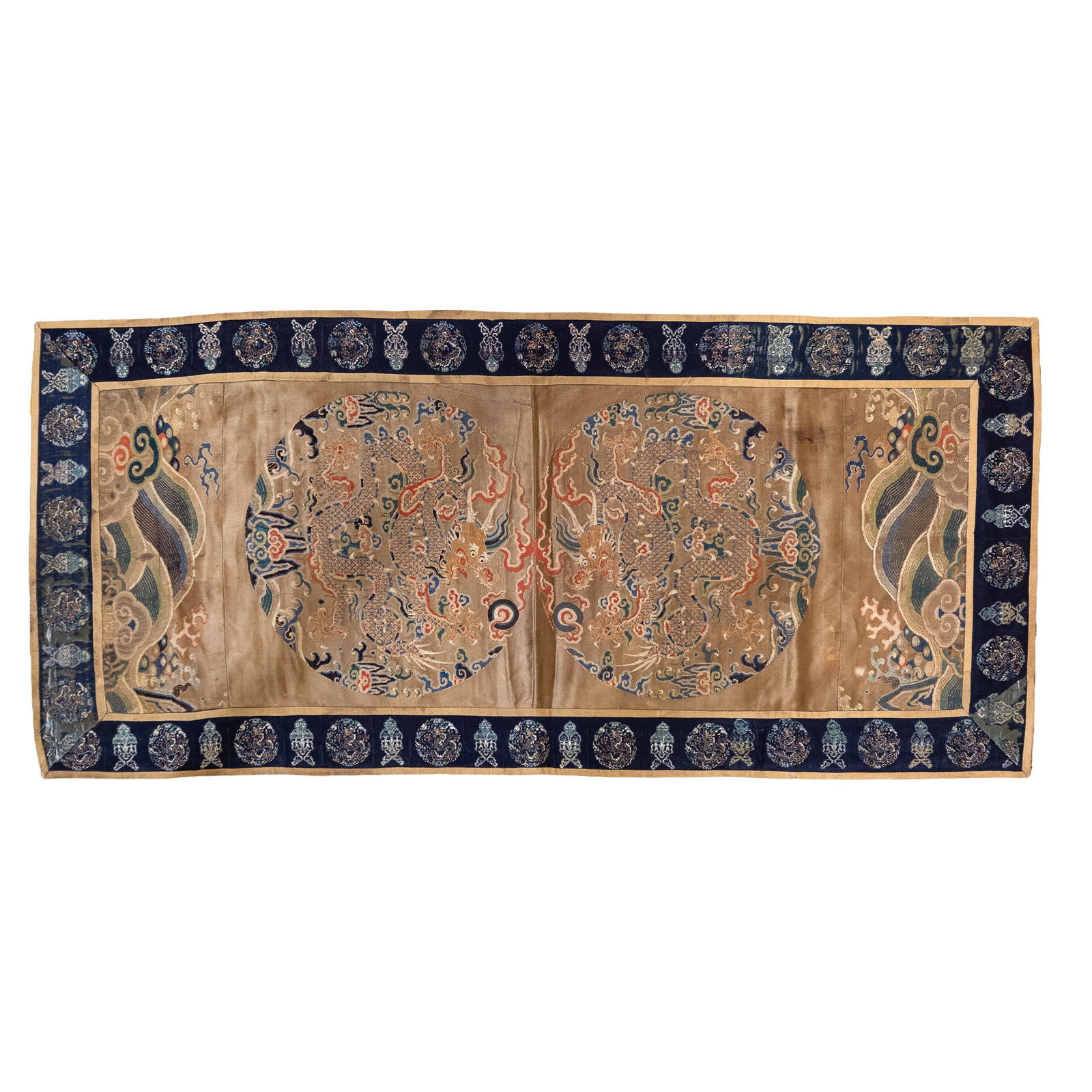 A Chinese Brown Ground Embroidered Silk Double Dragon Throne Cover, Yi Pi, Late Qing Dynasty: A Chinese Brown Ground Embroidered Silk Double Dragon Throne Cover, Yi Pi Late Qing Dynasty The rectangular ceremonial chair cover embroidered in polychrome and gilt threads with two five-clawed drago