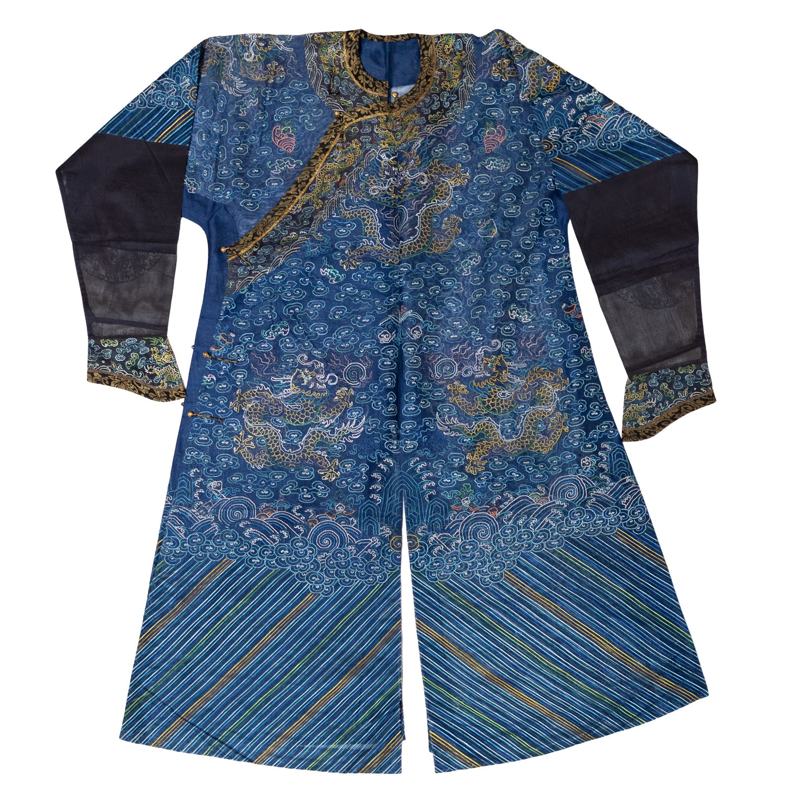 Chinese Blue Ground Embroidered Nine Dragon Robe: Chinese Blue Ground Embroidered Nine Dragon Robe The dark blue silk gaze summer robe embroidered in polychrome and gilt threads with nice five - clawed dragons pursuing flaming pearls amid dense cloud