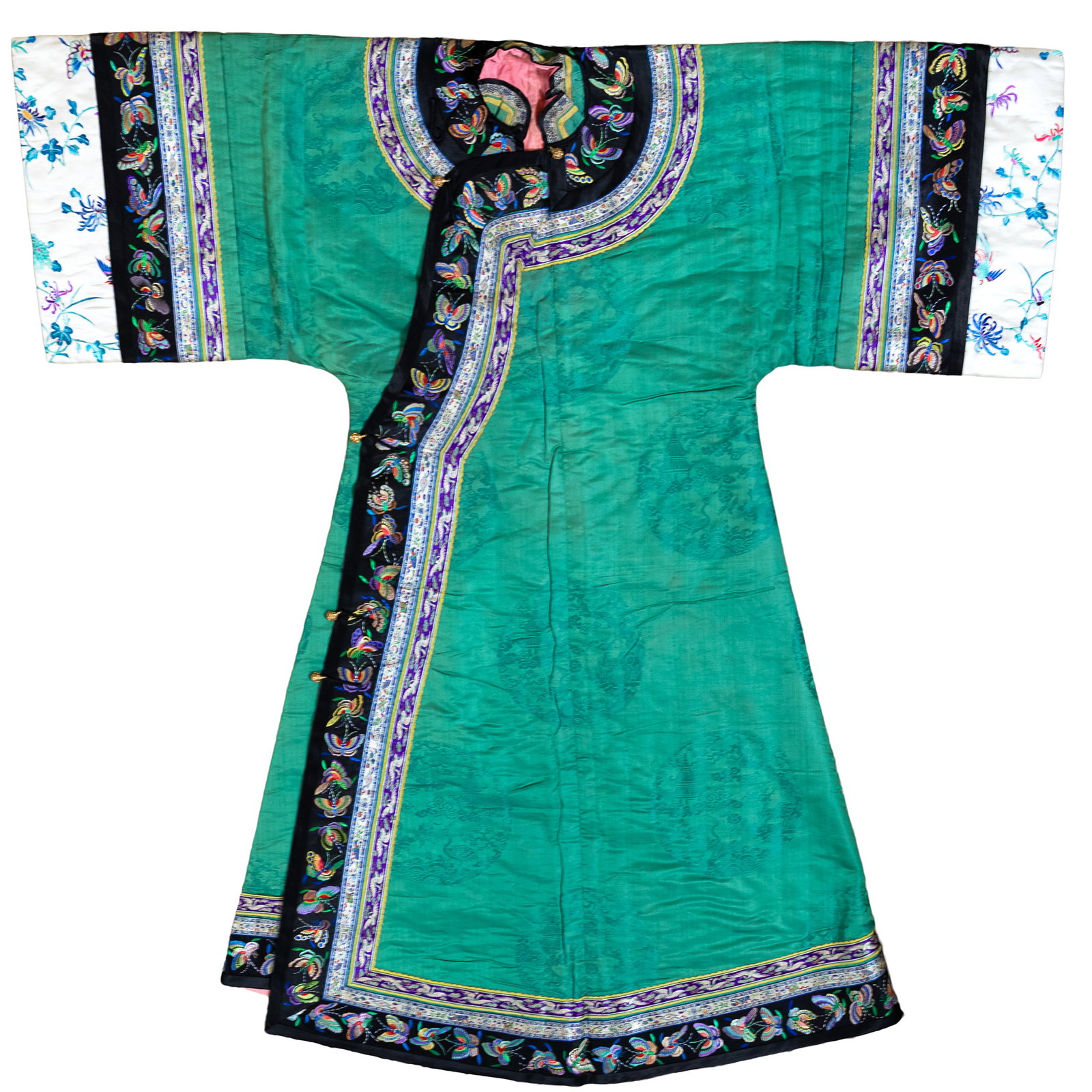 Chinese Green Silk Embroidered Winter Padded Qipao, Late Qing Dynasty to Republic Period. (1 of 4)