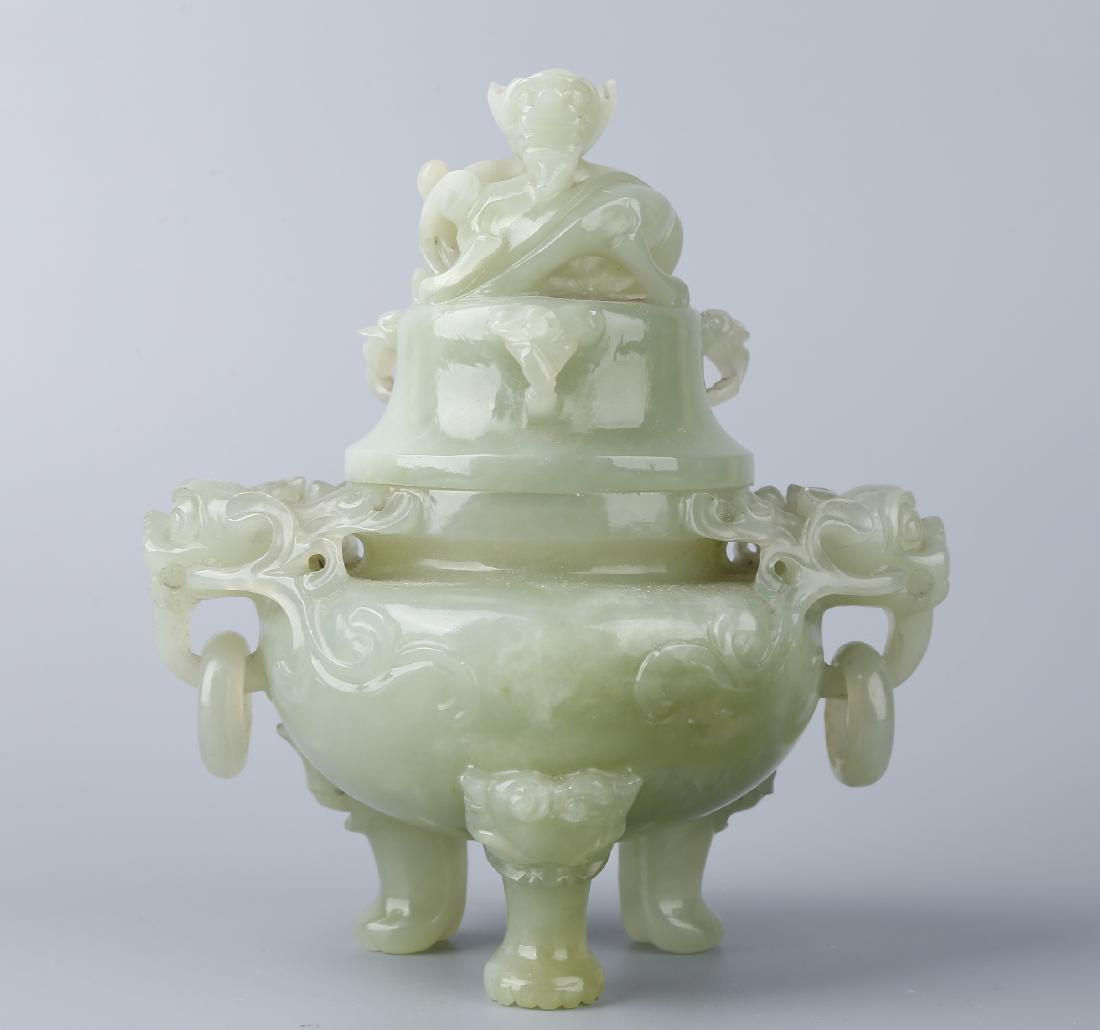 A JADE CENSER AND COVER: A JADE CENSER AND COVER 14CM HIGH,13CM WIDE