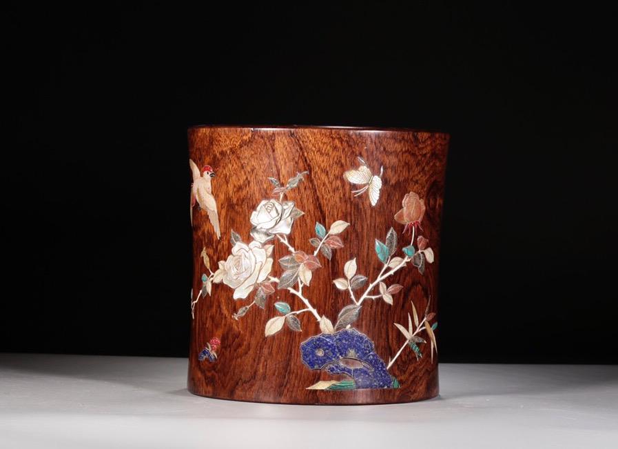 QIANLONG MARK, CHINESE HUANGHUALI CARVED WOOD BRUSHPOT (1 of 7)