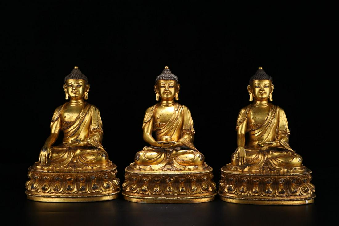 SET OF CHINESE GILT BRONZE BUDDHA (3 PIECES) (1 of 7)