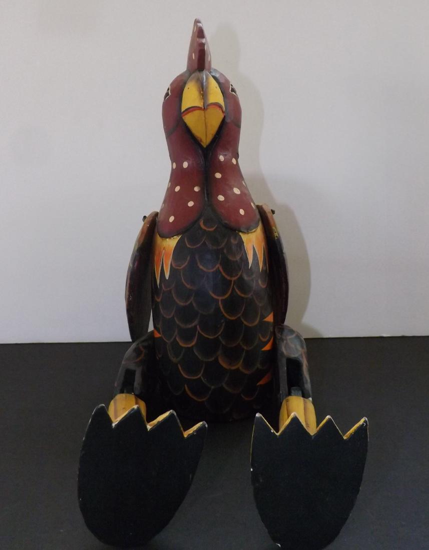 VINTAGE WOOD CARVED ROOSTER: VINTAGE WOOD CARVED ROOSTER - POSABLE - HAND PAINTERD - HINGED WINGS AND LEGS - APPROX 20 INCH - MINOR PAINT LOSS.