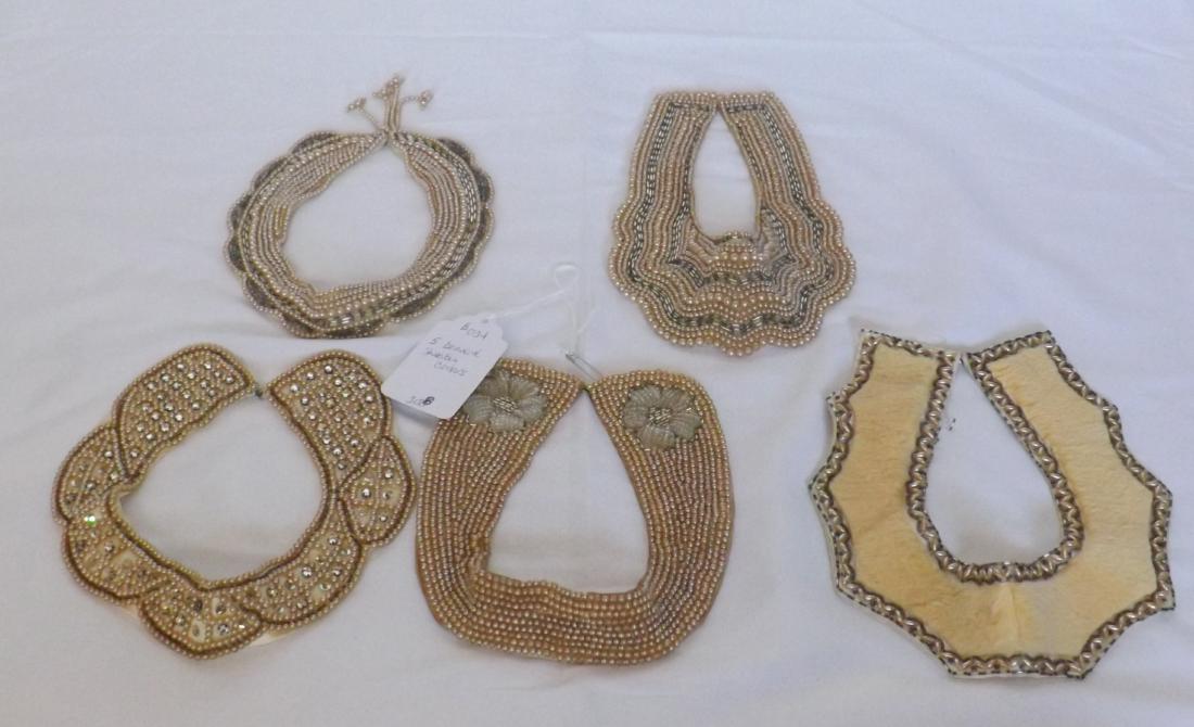 5 VINTAGE BEADED SWEATER COLLARS: 5 VINTAGE BEADED SWEATER COLLARS - HAND MADE TOP KIT FASHION JAPAN - SATIN BACKS - PEARL - SEQUINS & BUGELE BEADS - GOOD CONDITIONS- VARIOUS SHADES OF AGING ON BACK