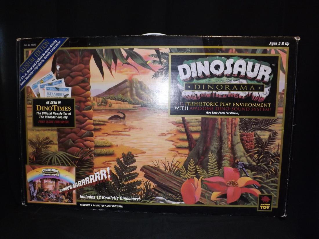 DINOSAUR DINORAMA BY AMPRO TOY: DINOSAUR DINORAMA BY AMPRO TOY - MESEUM EDITION 3-D PREHISTORIC PLAY ENVIRONMENT - NOT COMPLETE - HAS ALL PARTS TO THE SCENERY - MISSING ONE ORIGINAL DINOSAUR BUT THERE ARE THREE EXTRA SMALLER BABY DI