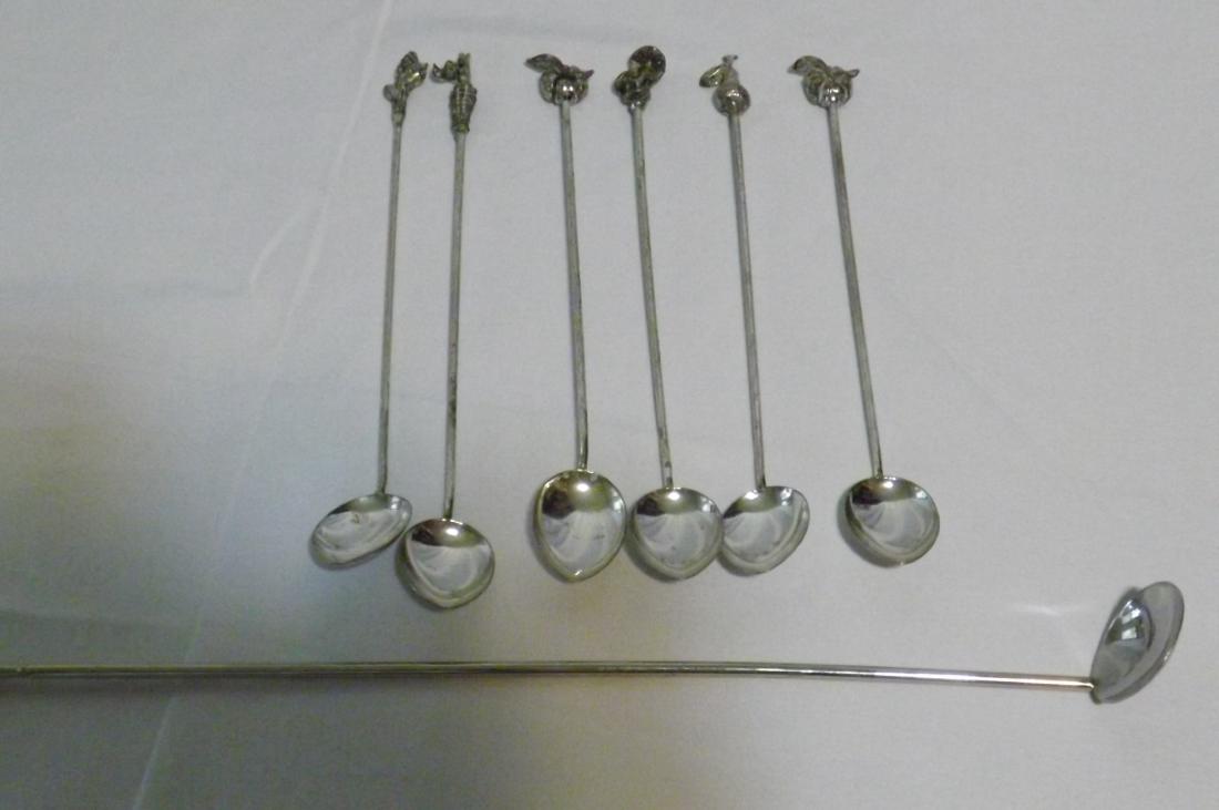 6 ICE TEA SPOONS: 6 ICE TEA SPOONS - DECORATIVE TOPS - ARTICHOKE - MUSHROOMS - PEAR - CORN - TOMATOES & PITCHER LENGTH STIRER