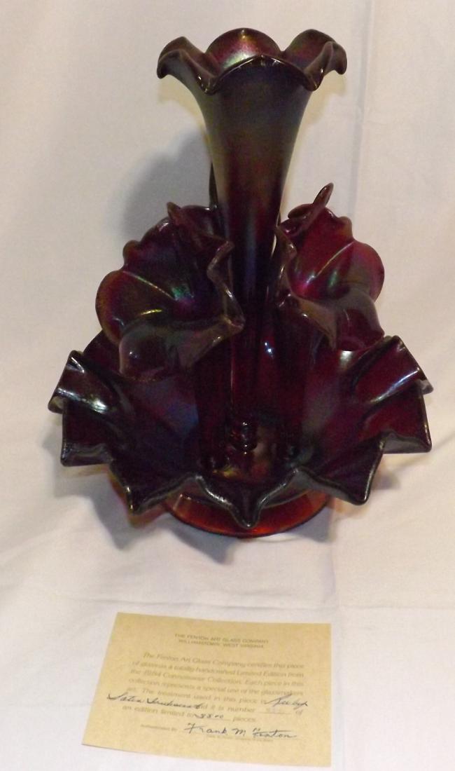 FENTON RUBY RED SATIN IRIDESCENT 4 HORNED EPERGNE (1 of 16)