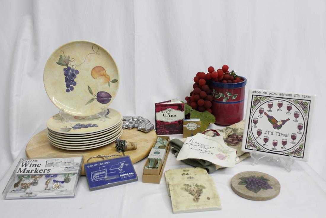 WINE NOVELTY ITEMS: WINE NOVELTY ITEMS - WINE MARKERS - POCKET SIZE BAR KIT - TILE TRIVET DRINK NO WINE BEFORE ITS TIME - ITS TIME - WINE CHILLER - BUNCH OF GRAPES PEWTER CORK - WINE BOTTLE APRON - A DAY WITHOUT WINEâ��