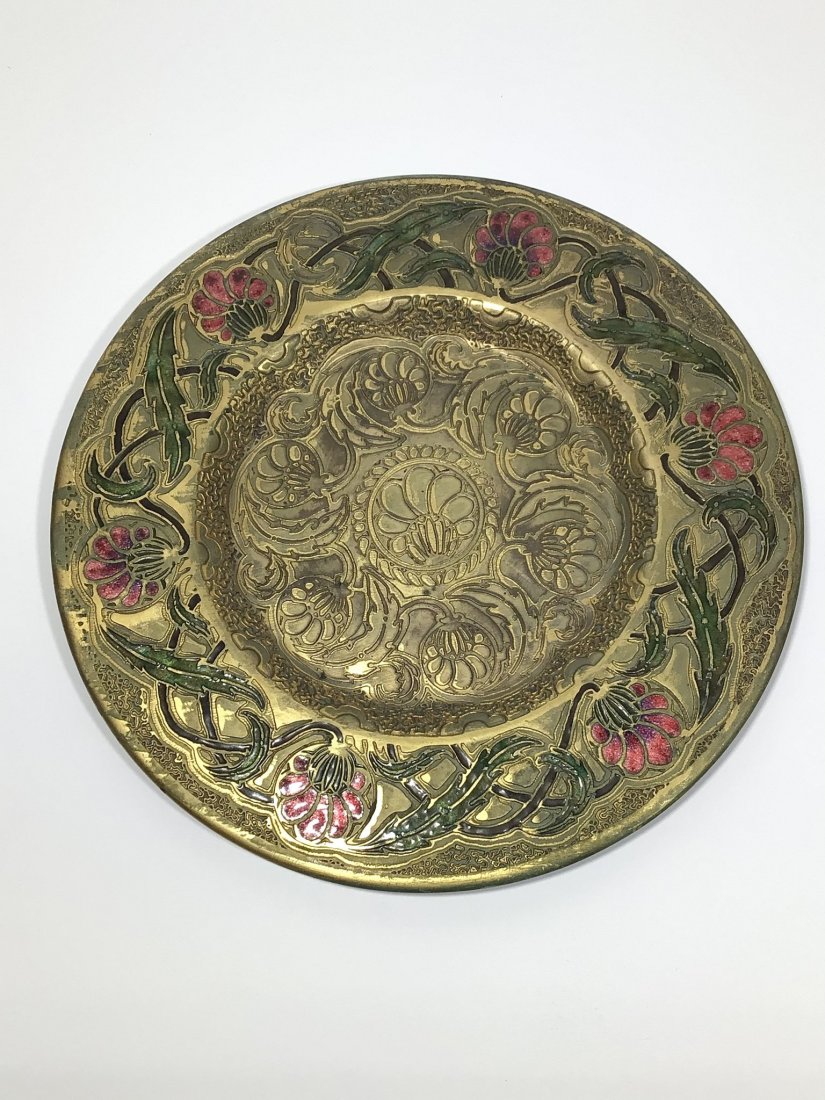 Louis C. Tiffany Furnaces Favrile Bronze Plate: Antique Louis C. Tiffany Studios Favrile Gilt Bronze Charger Plate. Measures 10 1/8 inches in diameter. Some wear and darkened patina. Flowing green and red enamel floral designs. Signed and stamped o