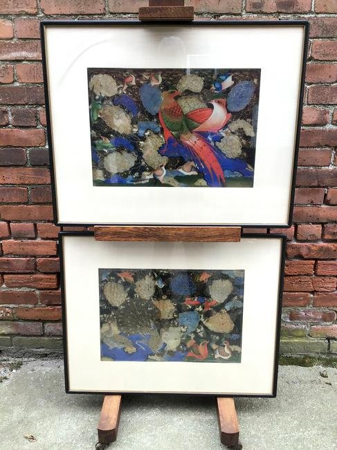 Pair of Large Reverse Painted Glass Bird Life Paintings: Pair of Large Reverse Painted Glass Bird Life Paintings with foil backing. Most likely of Japanese origin. The paintings are 19th century and have been reframed in recent years. From a New Haven, CT e