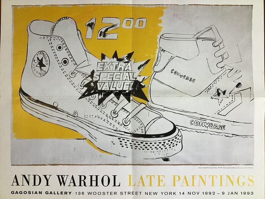 Andy Warhol Late Paintings Poster 1992 Gagosian Gallery: Original Andy Warhol Late Paintings Poster mail out 1992 Gagosian Gallery. This poster folds as a mail out promotion for this gallery show. It has a name and address with postage on the front and was 