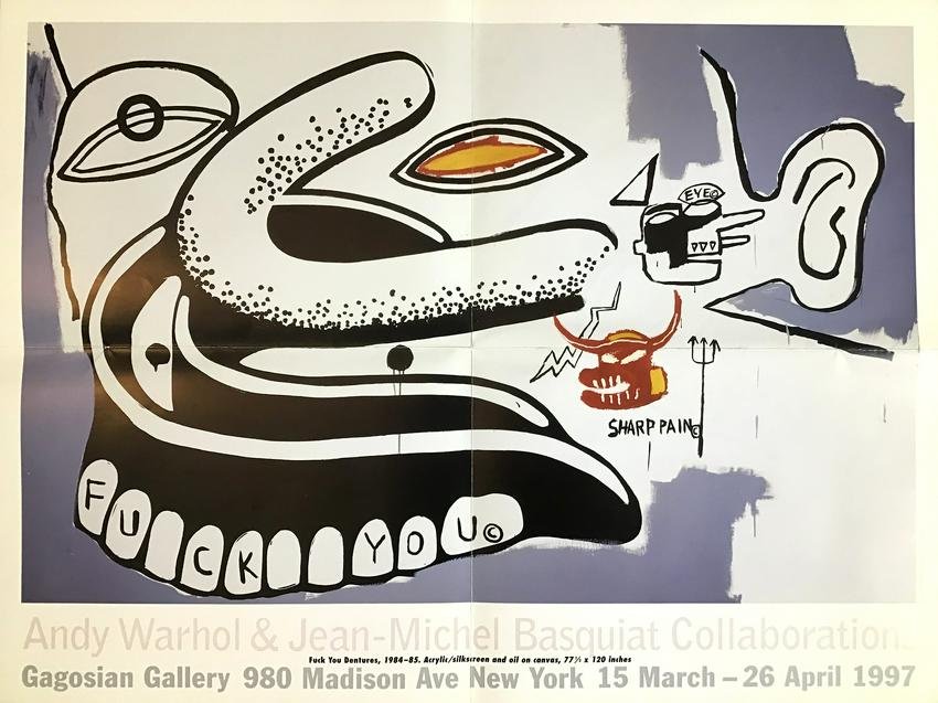 Warhol & Basquiat Collaborations Poster 1997 Gagosian: Original Andy Warhol & Basquiat Collaborations Poster 1997 Gagosian. This poster folds as a mail out promotion for this gallery show. It has a name and address with postage on the front and was circul