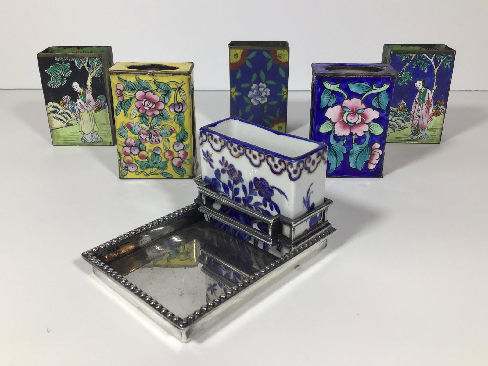 Jean Puiforcat for Cartier Sterling Match Stand + More: Lot of 5 Chinese enamel Match Box holders Plus One sterling silver match & cigarette stand made by Jean Puiforcat for Cartier circa 1920's-30's. It has a porcelain Imari painted insert that is origina