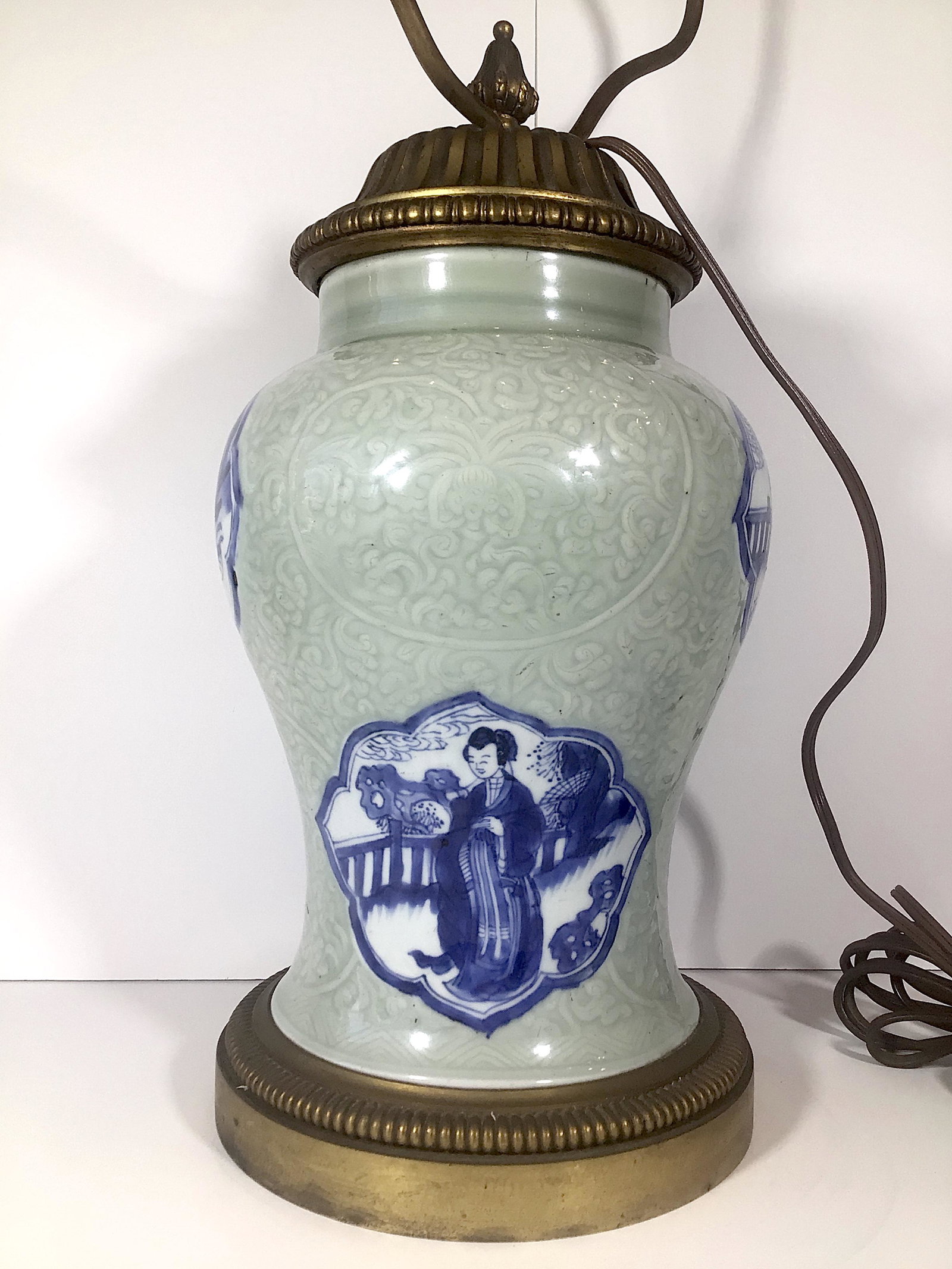 Chinese 18th C. Kangxi Celadon Vase Lamp Bronze Mounts: Here is a Chinese porcelain Celadon Ground Vase converted into a lamp with French bronze mounts. The vase is of the period (Kangxi 1662-1722). The bronze mounts and finial/harp are most likely late 18